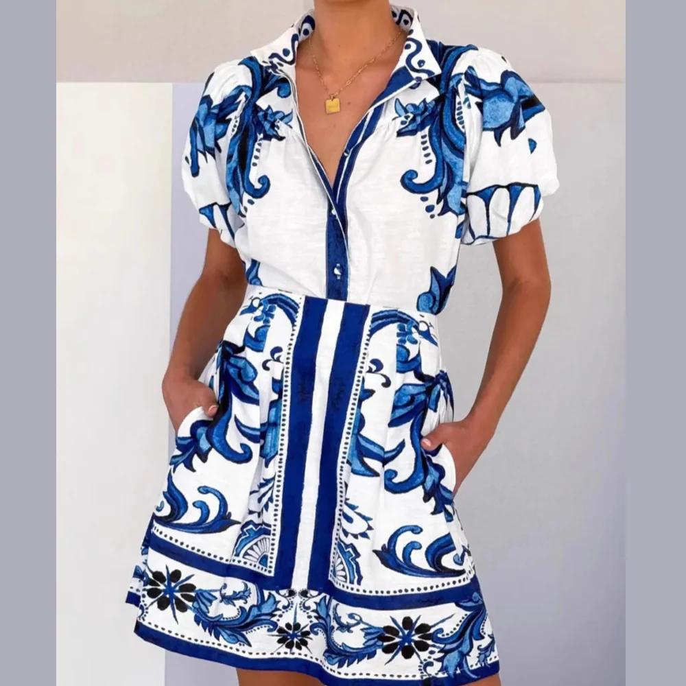 Printed Puff Sleeve Top and Skirt Set - ZKZOOK