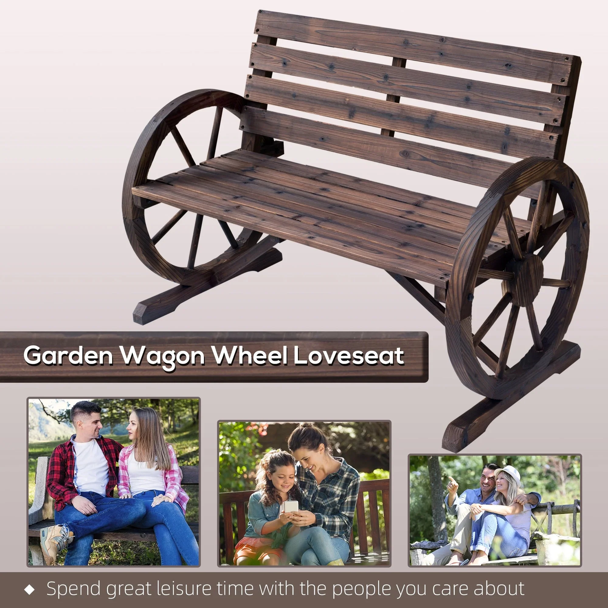 Outsunny Wooden Wagon Wheel Bench, 2-Person, Fir Wood, Carbonized, 41.5in L x 23.25in W x 29.5in H - 84B-183 - Image 8 Outsunny Wooden Wagon Wheel Bench, 2-Person, Fir Wood, Carbonized, 41.5in L x 23.25in W x 29.5in H - 84B-183 - Image 8