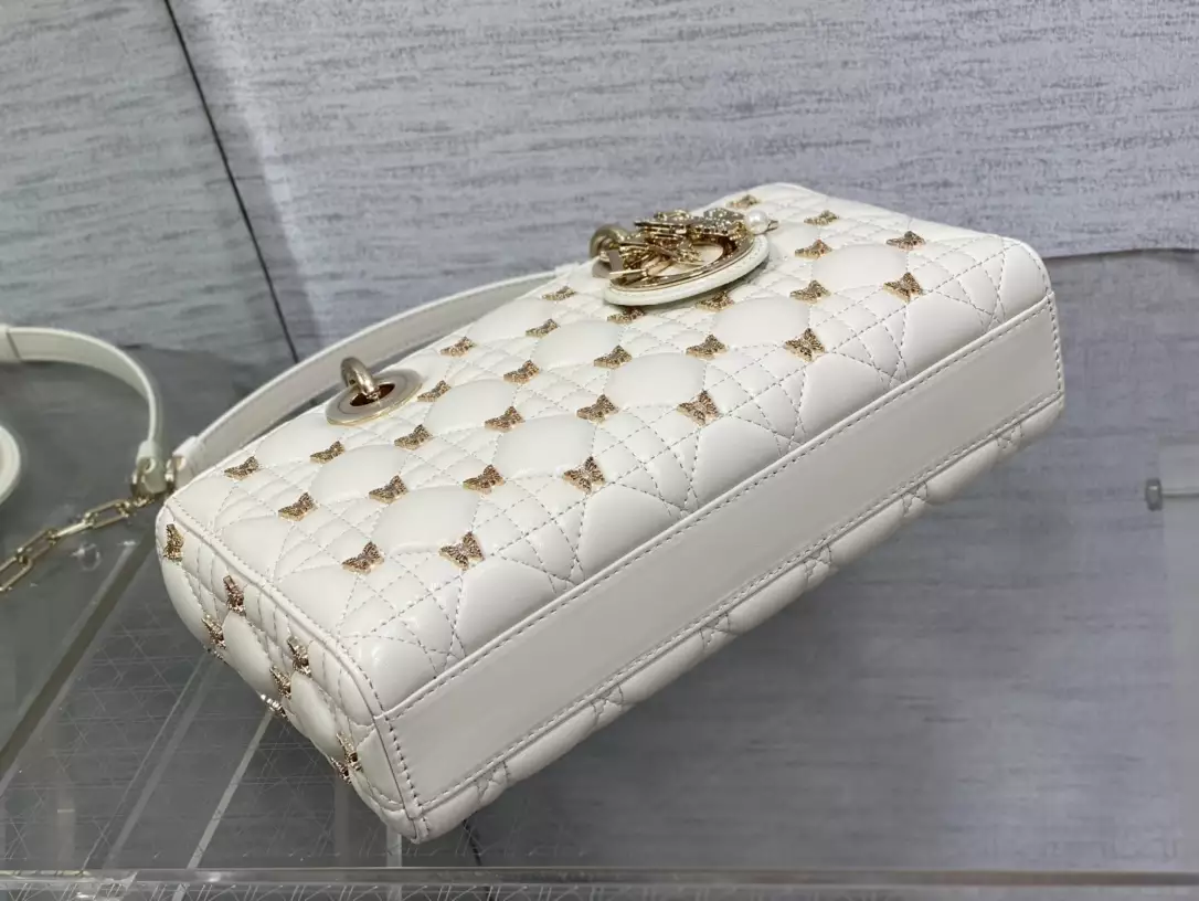 Medium Lady D-Joy Bag White Cannage Lambskin with Gold-Finish Butterfly Studs1:1High-quality replica