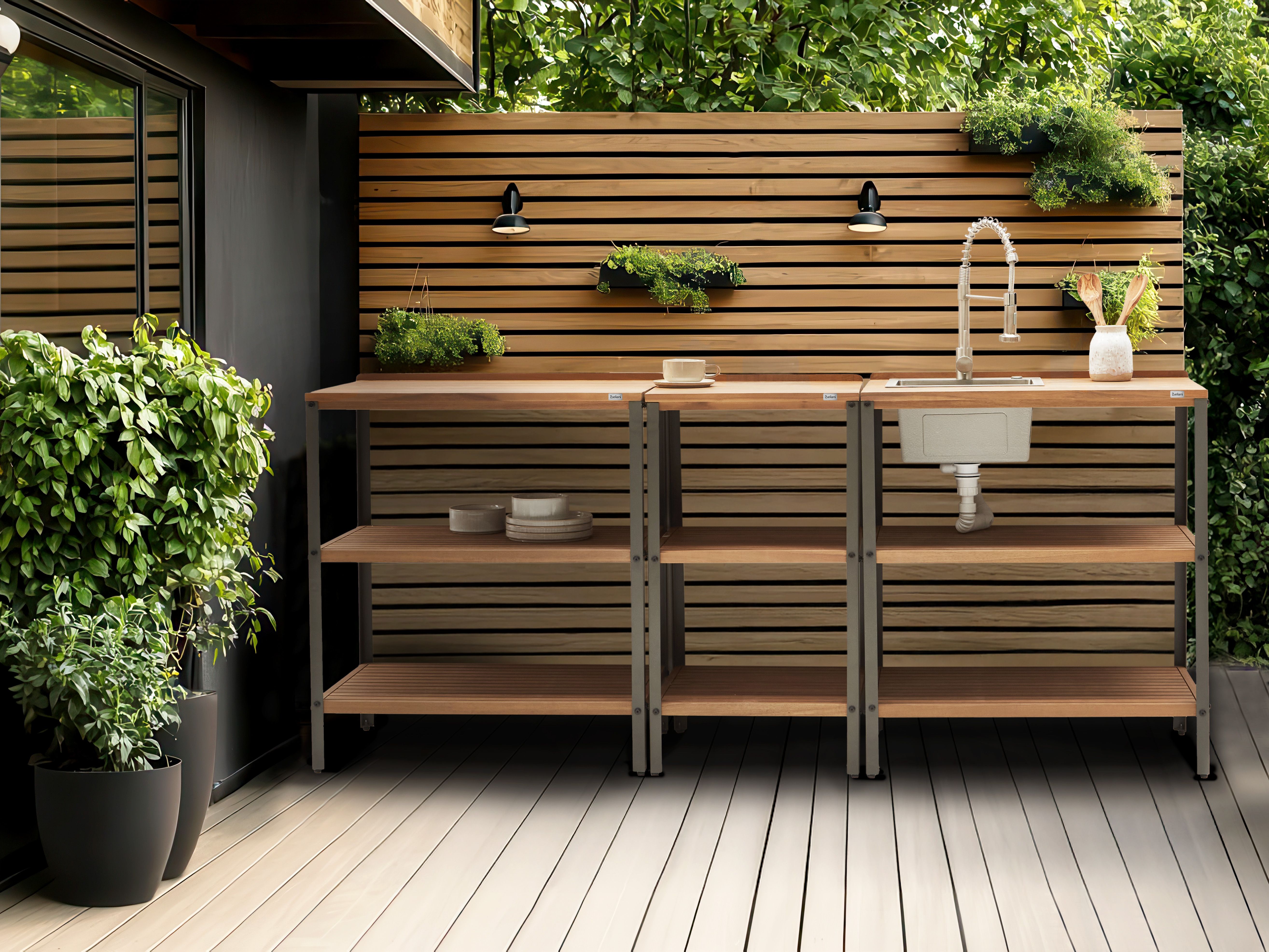 Outdoor Kitchen Island with Sink IVREA Certified Acacia Wood Brown/ Silver