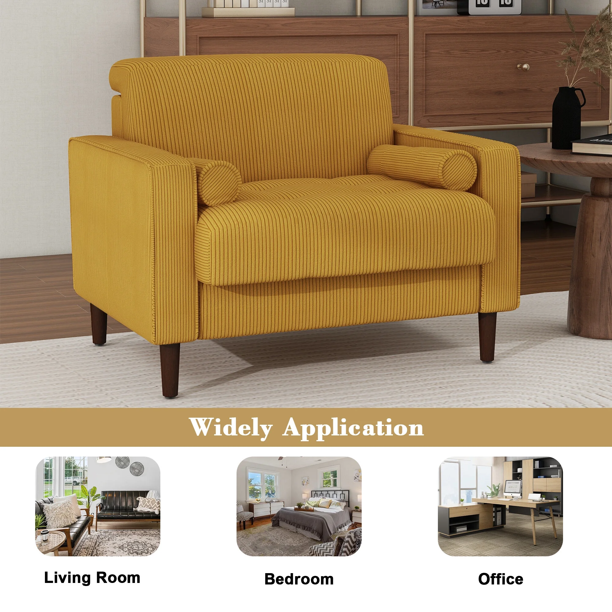 UIXE Corduroy Accent Chair Modern Upholstered Arm Chairs Comfy Reading Armchair with Pillow Armrest Tufted Living Room Single Sofa Lounge Seat, Yellow - Image 6