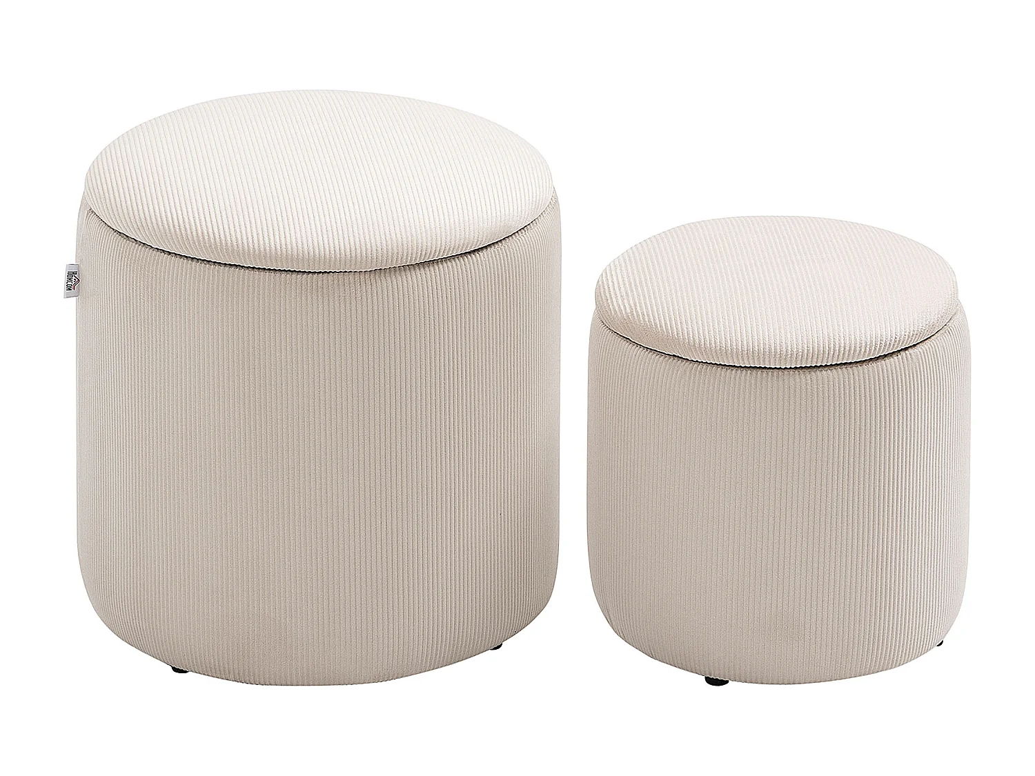 Lot de 2 poufs velours cotelé - poufs coffres 2 en 1 - poufs emboitables - Ø 40 et 30 cm - tissu crème