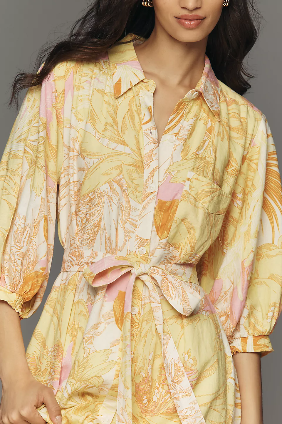 Maeve Mona Linen Blend Maxi Shirtdress - Pink Floral