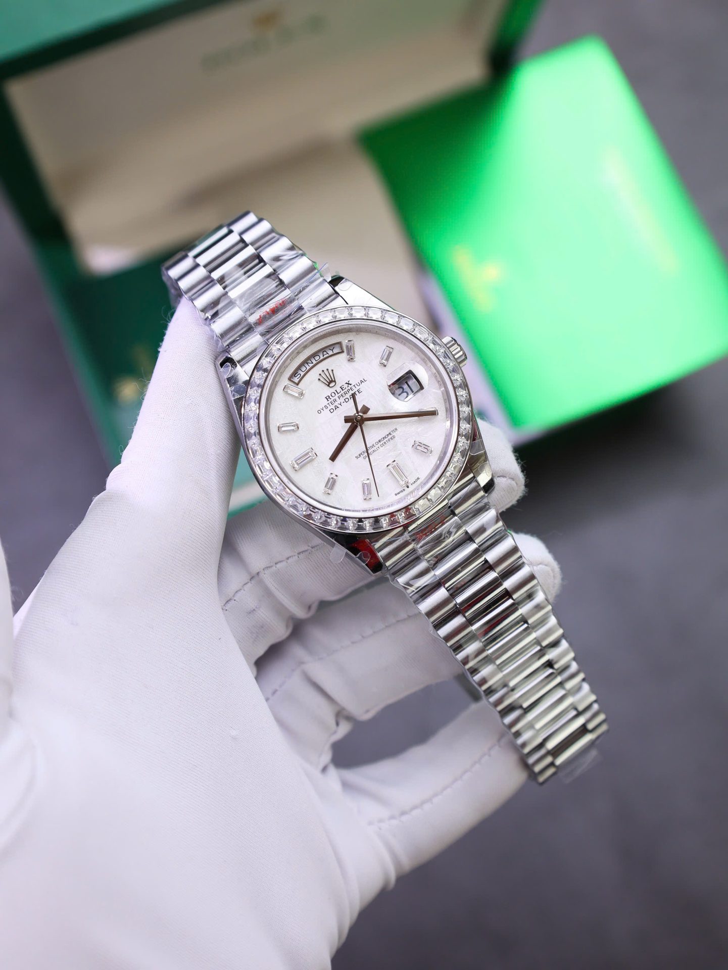 Rolex Day-Date Best Copies Watch Meteorite Wial Custom Diamonds Moissanite Baguette 40mm - Elite Watch Atelier