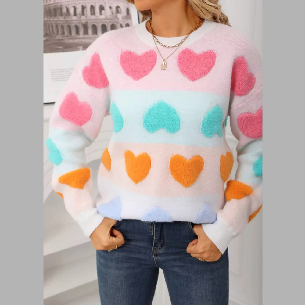 Valentine's Day Heart Pattern Fuzzy Knit Sweater - ZKZOOK