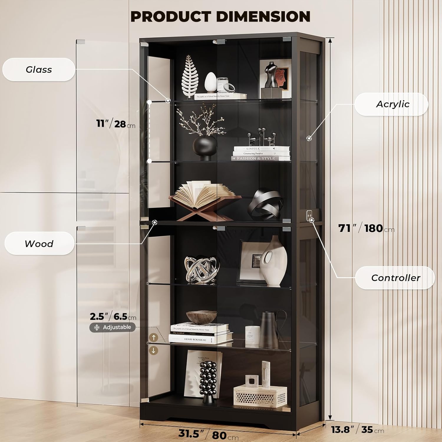 BROTTAR Display Cabinet with Glass Door, 6-Tier 71