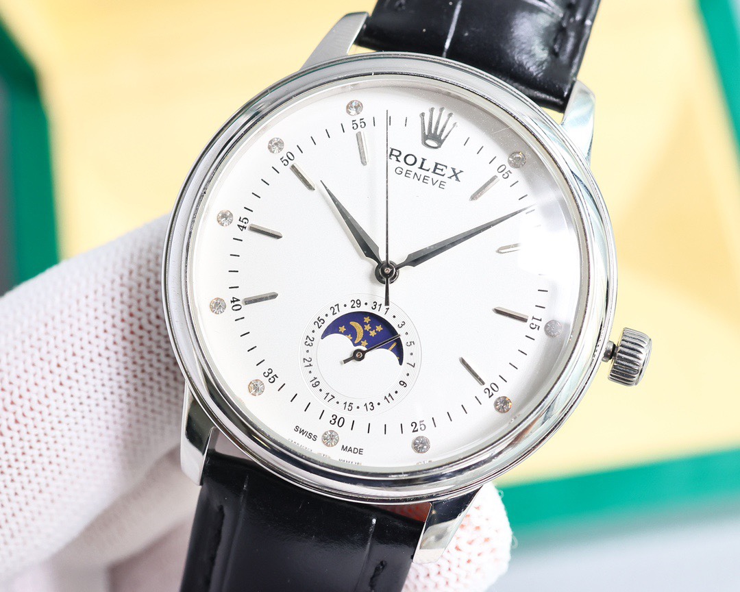 Rolex👑 Cellini Moonphase-40mm-Leather-White(1:1 replica) - Elite Watch Atelier