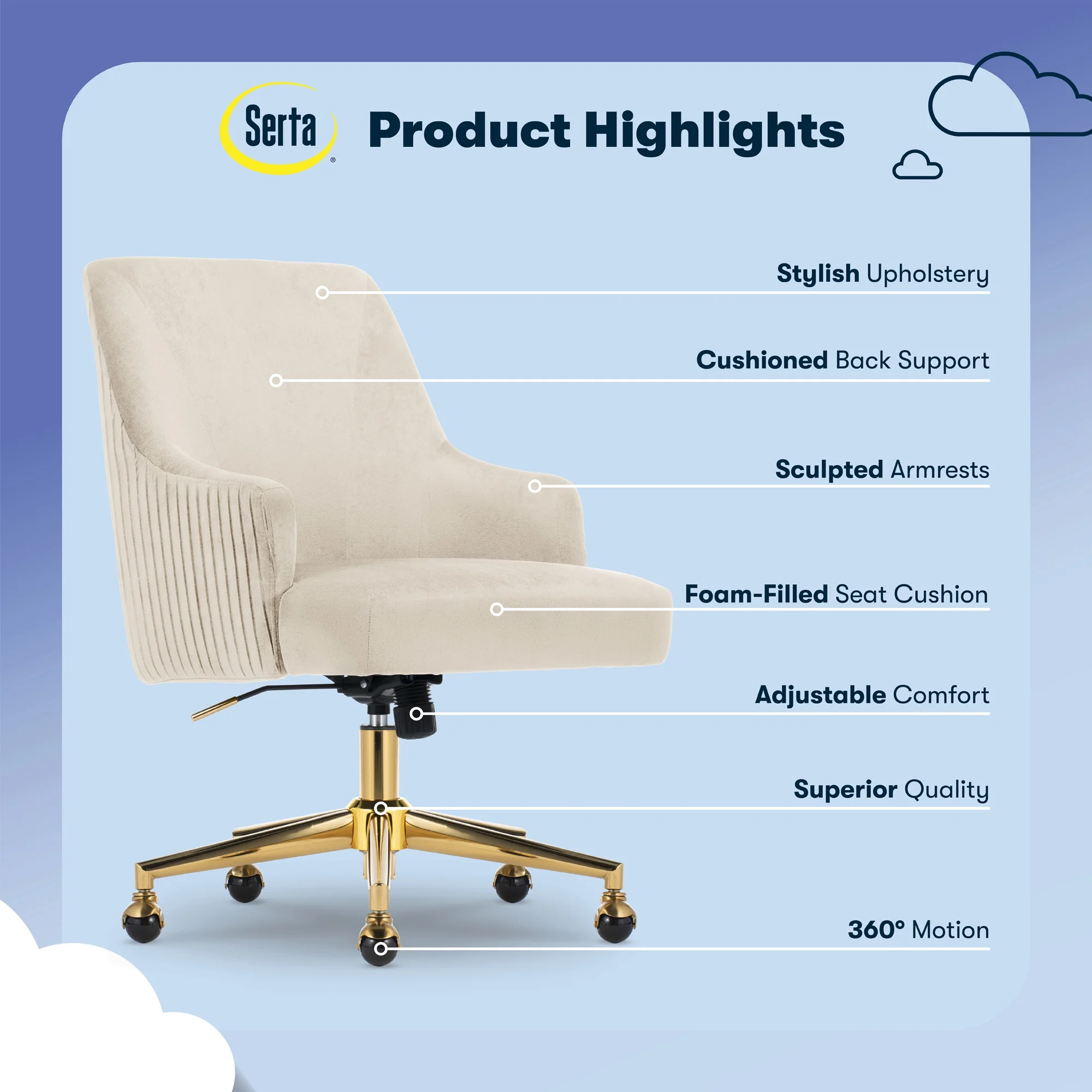 Serta Scarlett Modern Mid-Back Office Chair Velvet Fabric Gold Metal Base Beige