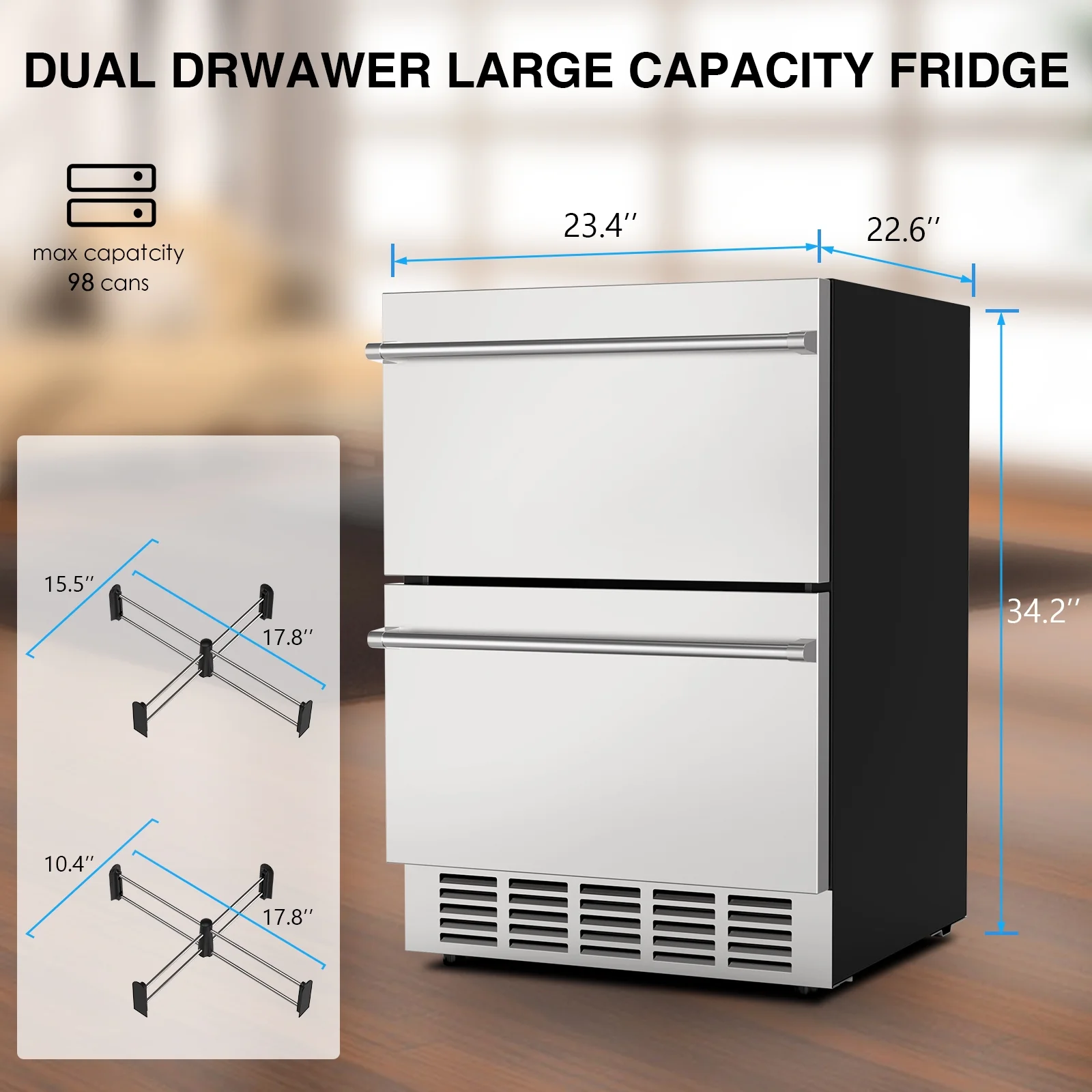 QAUSOU 24 Inch Under Counter Double Drawer Fridge, Weather Proof Stainless Steel Outdoor Beverage Refrigerator for Patio