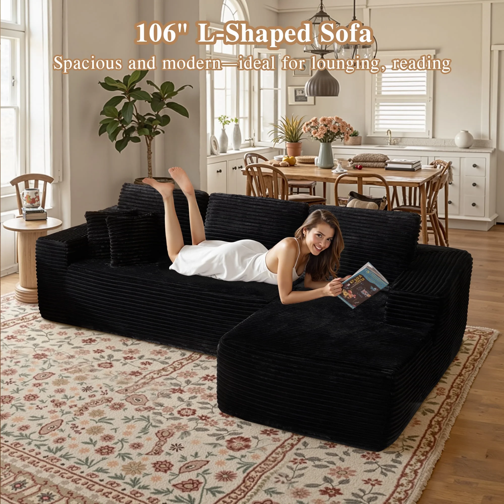 Ovios 106" L-Shaped Sectional Sofa Modern Modular Cloud Couch with Deep Seating Upholstered Sofa for Living Room Bedroom, No Assembly Required, Black(Corduroy) - Image 67