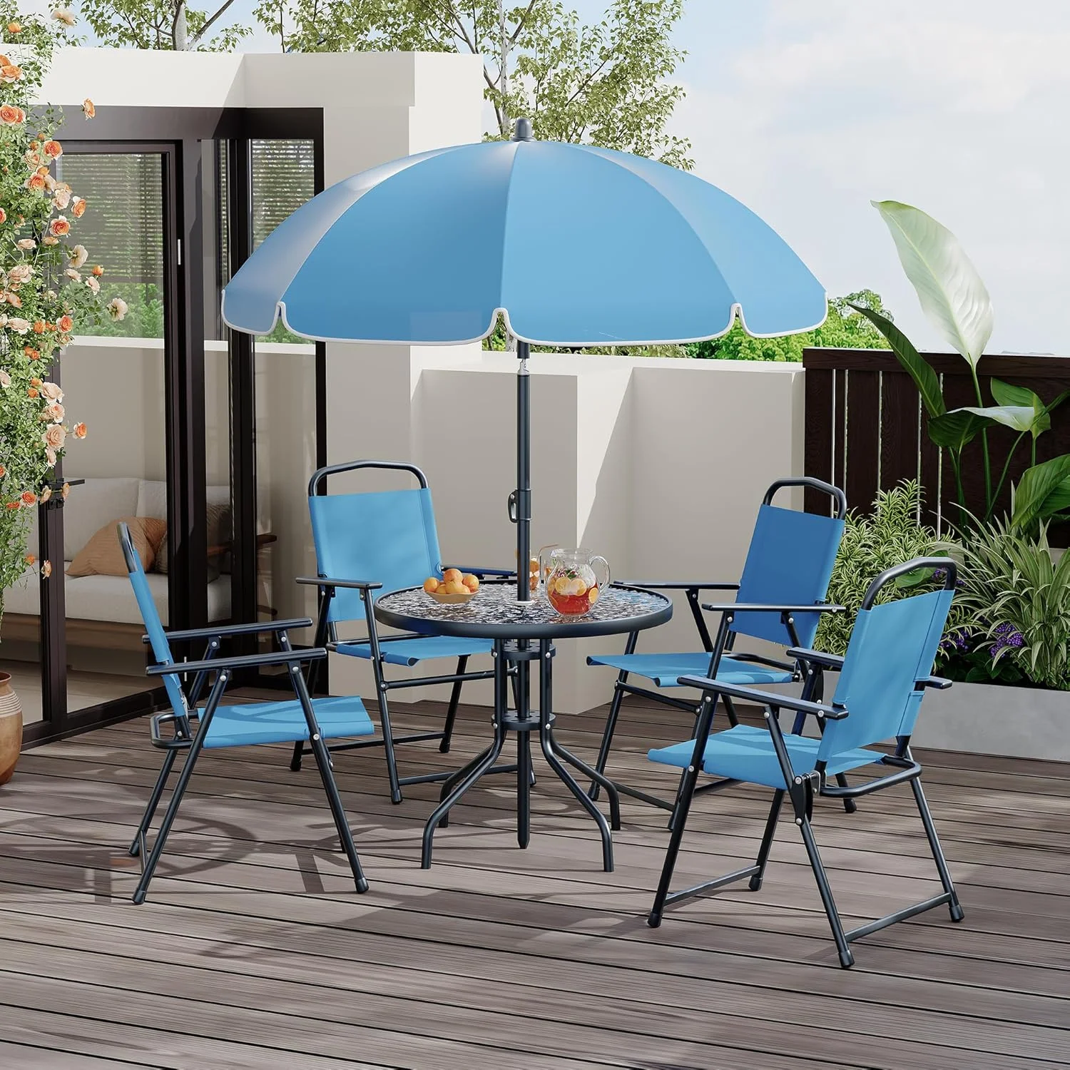6 Pieces Outdoor Dining Set With Umbrella, Patio Table and 4 Folding Chairs With Umbrella, Garden Patio Furniture Set With Umbrellas, Tempered Glass Top Dining Table - Image 10