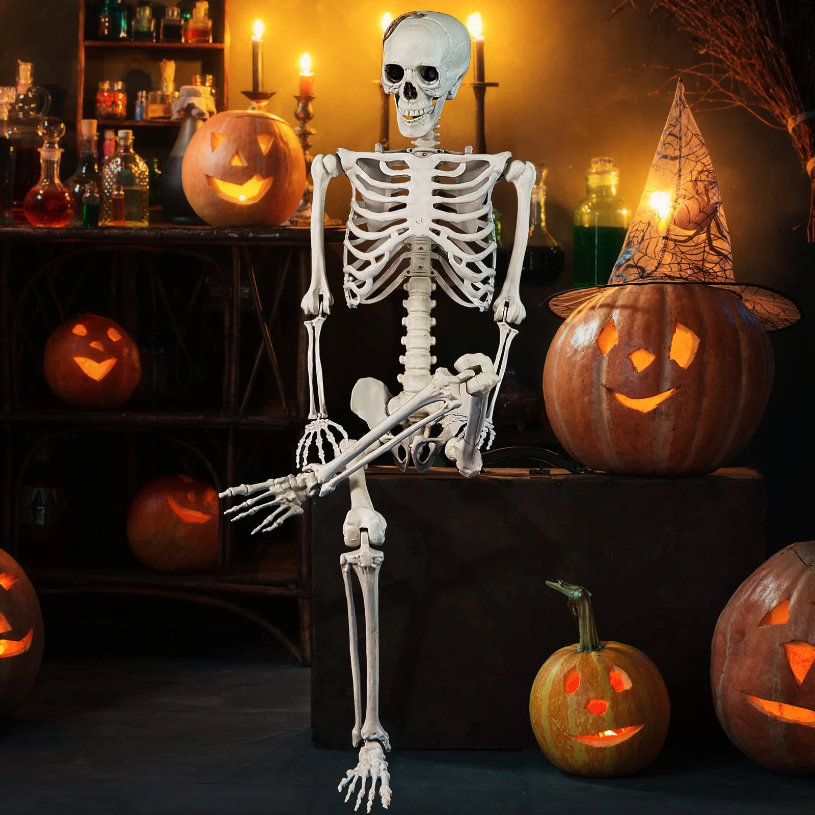 Costway 5.4 FT Halloween Skeleton Decoration Life Size Large Skeleton with Posable Joints 64.5 Inches Ivory White - Image 8 Costway 5.4 FT Halloween Skeleton Decoration Life Size Large Skeleton with Posable Joints 64.5 Inches Ivory White - Image 8