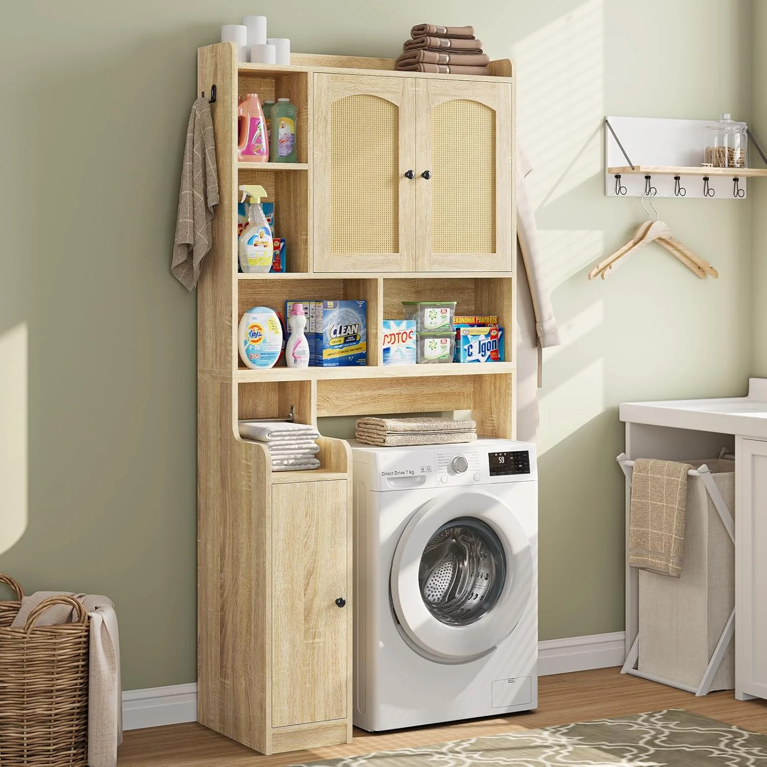 Over The Toilet Storage Cabinet with 3 Doors, Farmhouse Space Saver for Bathroom Organizer with Paper Holder, 10 Shelves and Hooks, 7-Tier Over Washing Machine Cabinet for Laundry, Bathroom, Natural - Image 6