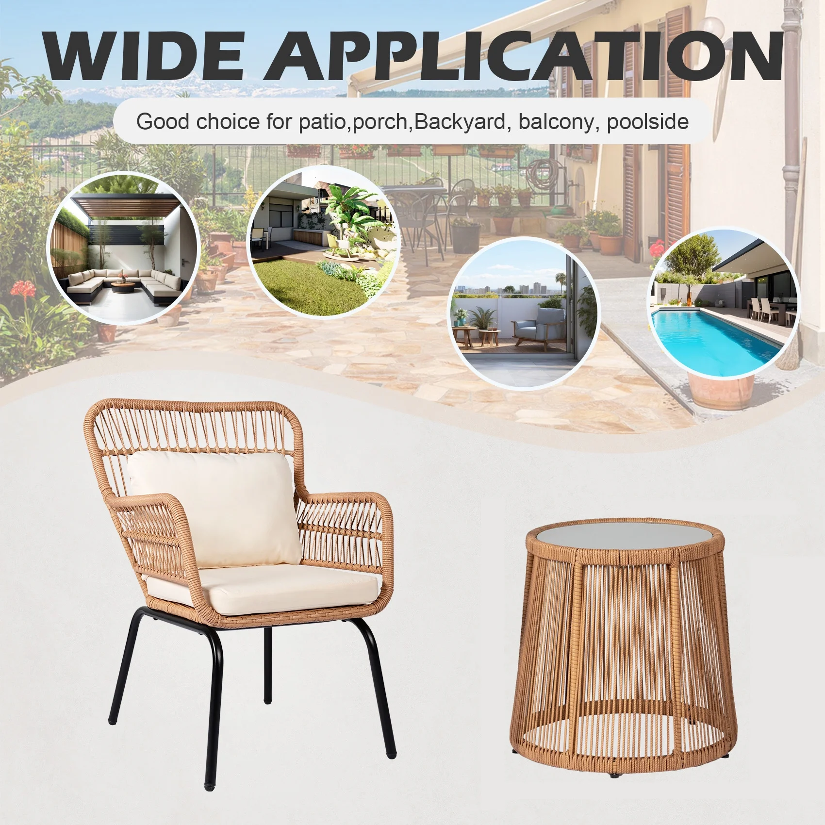 Tappio 3-Piece Patio Conversation Bistro Set Rattan Furniture, Outdoor Patio Set w/Glass Top Table & Cushions for Garden Balcony Backyard Poolside, Yellow/Beige - Image 10