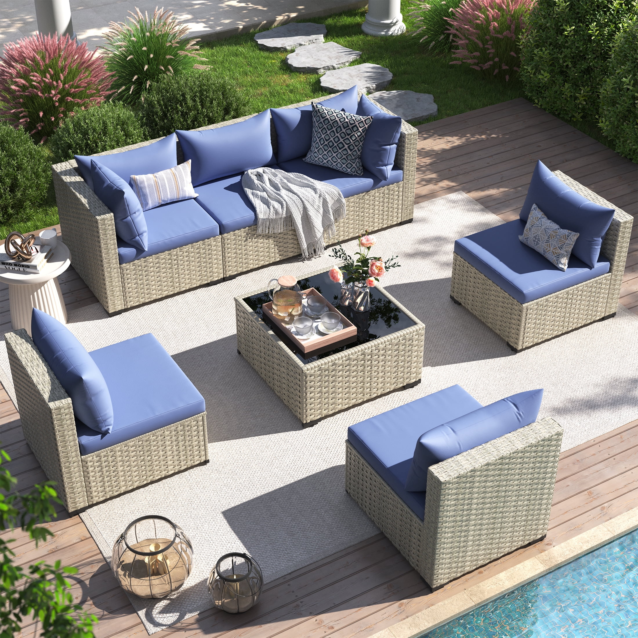 UDPATIO 7 Pieces Outdoor Patio Furniture Set, Outdoor Wicker Patio Conversation Set with Cushions for Backyard, Porch, Garden(Haze Blue)