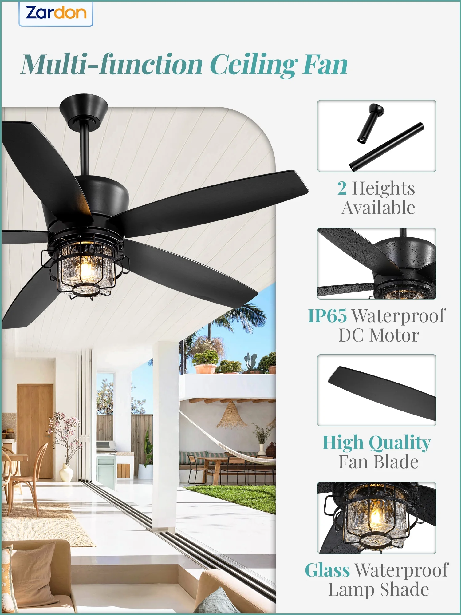 Zardon 20" Outdoor Ceiling Fan with Light and Remote, 7 Blades Caged Waterproof Gazebo Fan for Patio, Porch, Pergola Canopy, App Control - Image 26