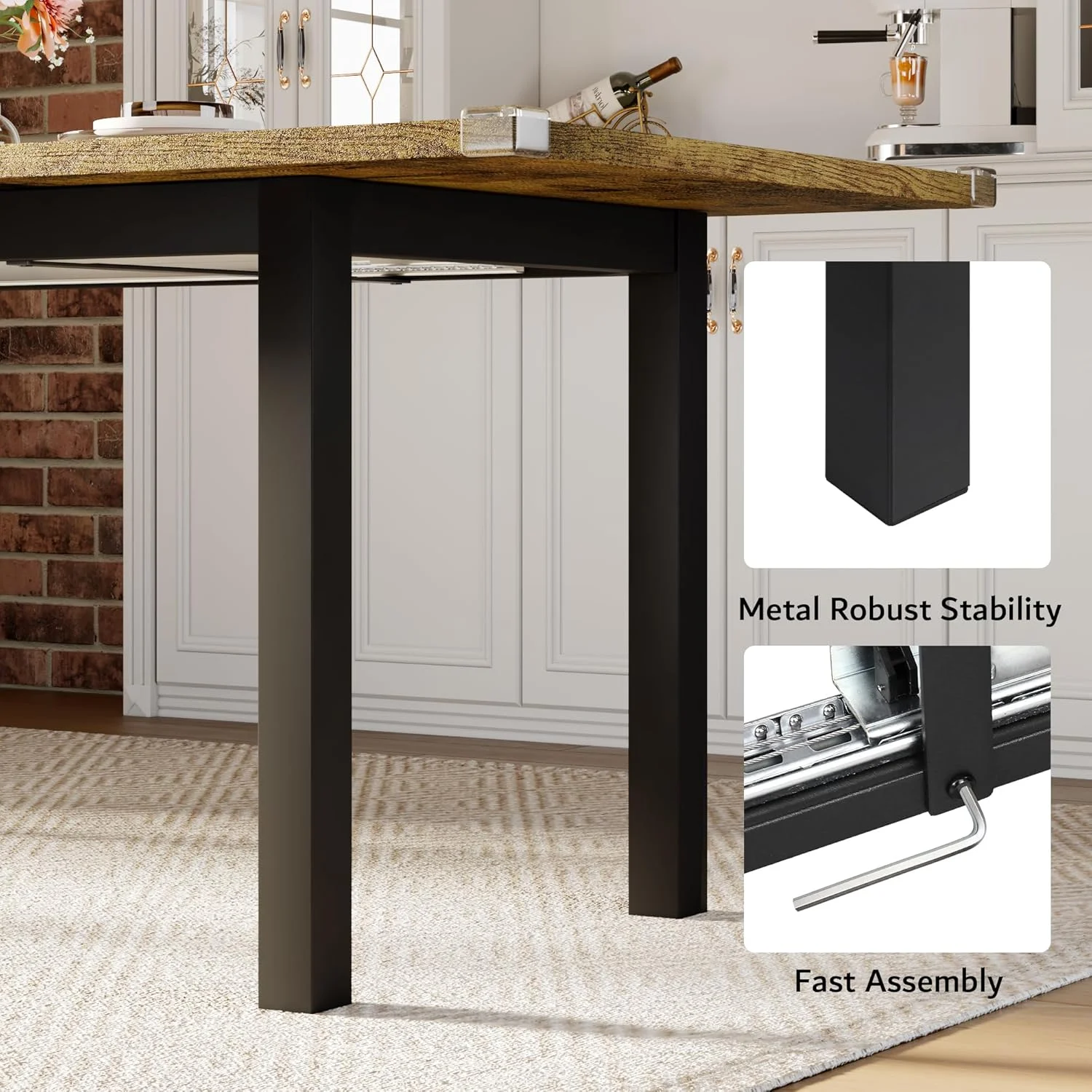 iPormis 63" Extendable Dining Table for 4-8, Square Wooden Dining Room Table with Metal Base, Modern Extendable Table for Small Kitchens, Dining Office Areas, Black - Image 15