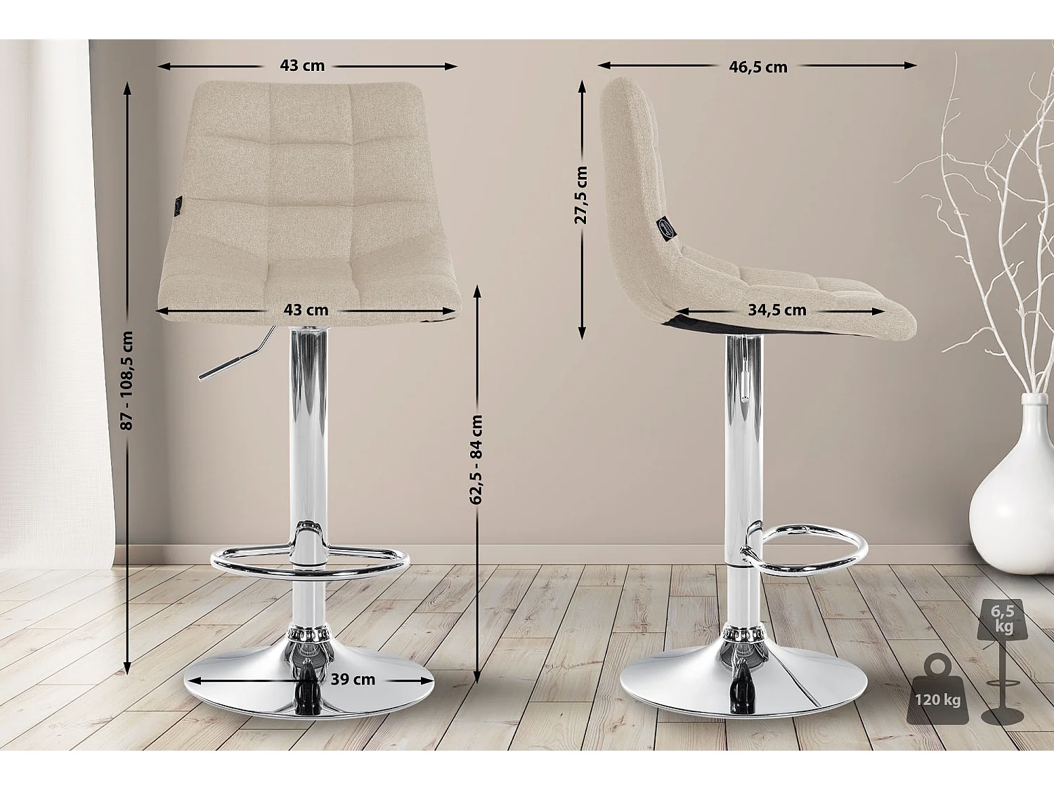Lot de 2  Tabouret de bar - Tissu & Métal - Crème - Jerry