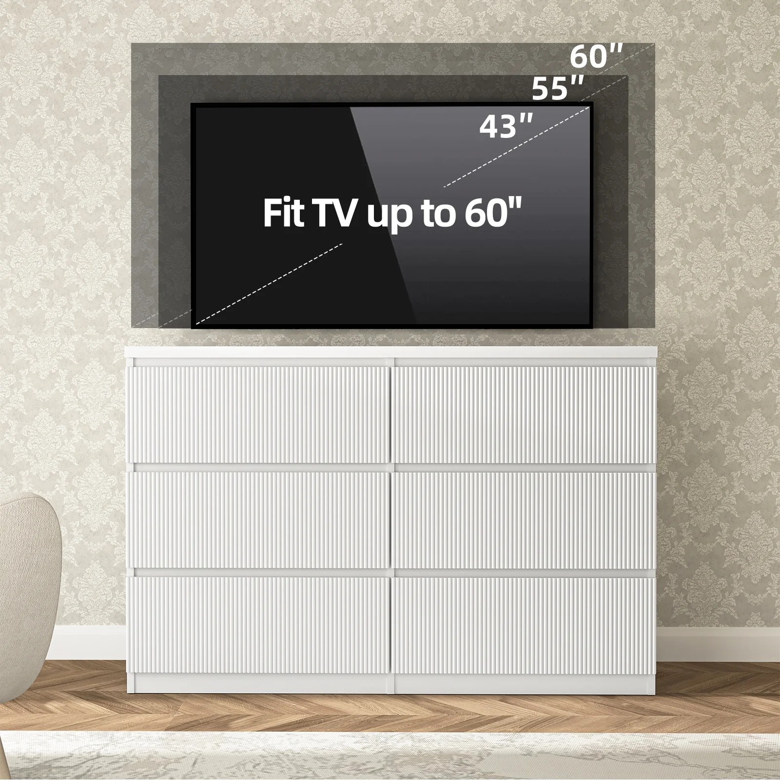 Fluted 6 Drawers Dresser, Wide Modern Chest of Drawers, Curved Profile Design, Dresser TV Stand, Wood Drawer Organizer for Bedroom, Living Room, Hallway - Image 6