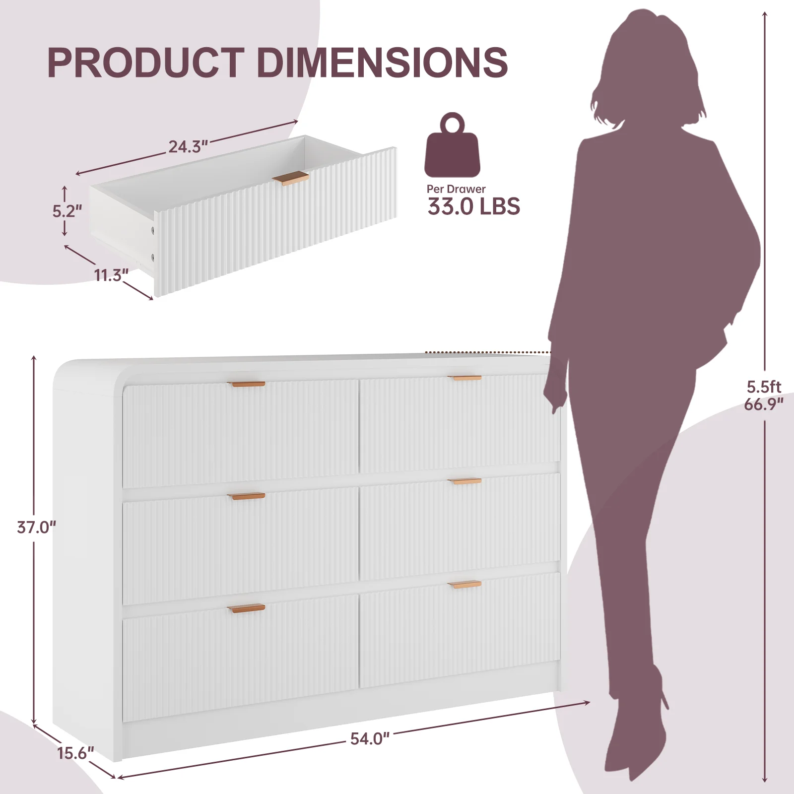 SELOOYE Fluted 5 Drawers Dresser for Bedroom, 47" Tall Modern Dresser Chest of Drawers, Black Accents, Fluted Fronts, Wood Storage Dressers Organizer for Bedroom, Living Room, Natural - Image 24