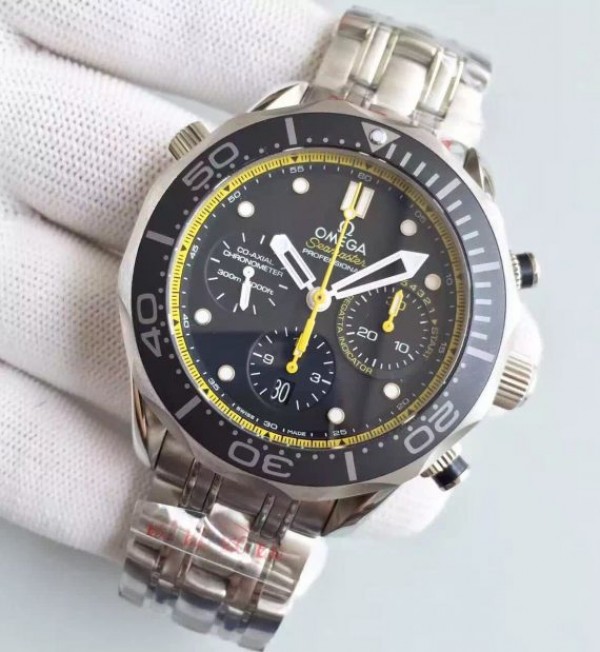 Replica Omega Seamaster 300m Diver SS Black Dial Yellow Inner Bezel SS Bracelet A7753 - Elite Watch Atelier