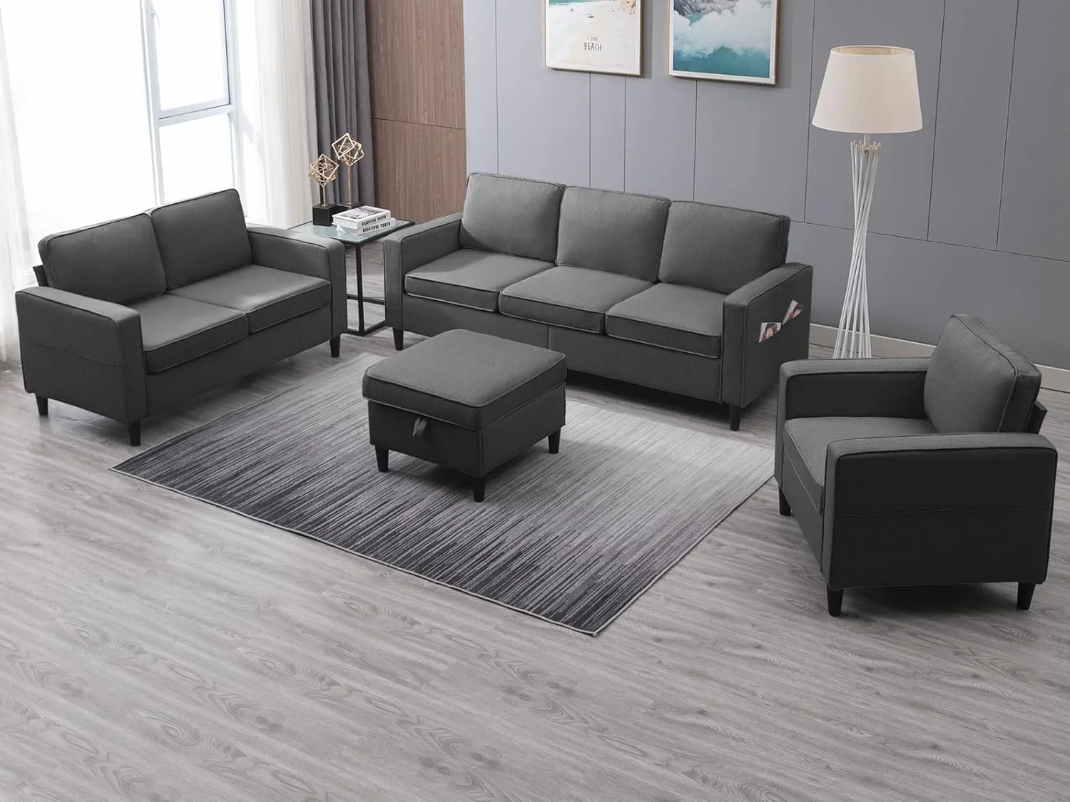 ijuicy Sectional Sofa Set,3PCS Living Room Furniture Couch Sets with Movable Storage Ottoman & Side Pockets,Include Sofa,Loveseat&Chair,Dark Gray - Image 10