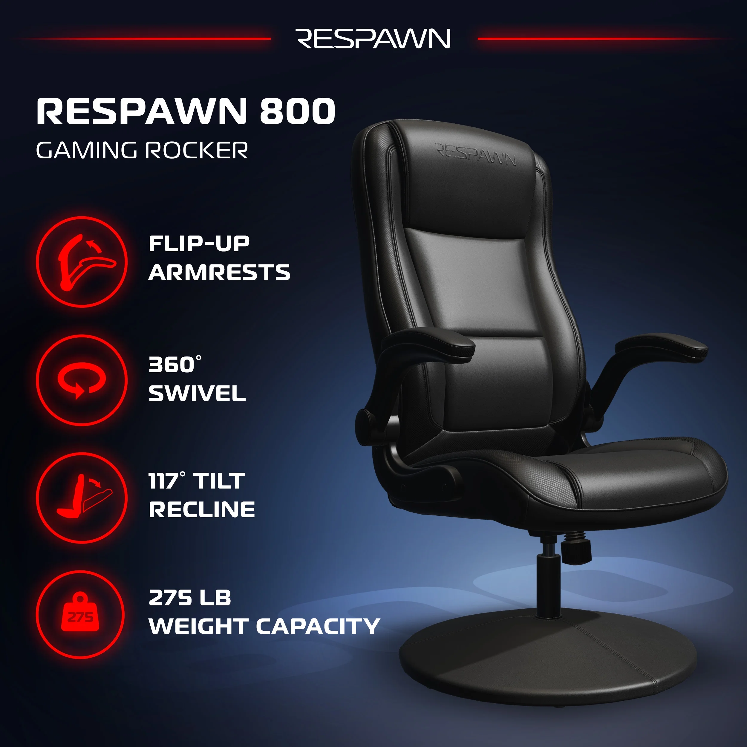 RESPAWN 800 Swivel Rocker Gaming Chair - Ergonomic Floor Gaming Seat with Lumbar Support, Flip Up Armrest, High Back, Pedestal Base, Comfortable No Wheels Console Video Game Rocker Chair - Red - Image 55