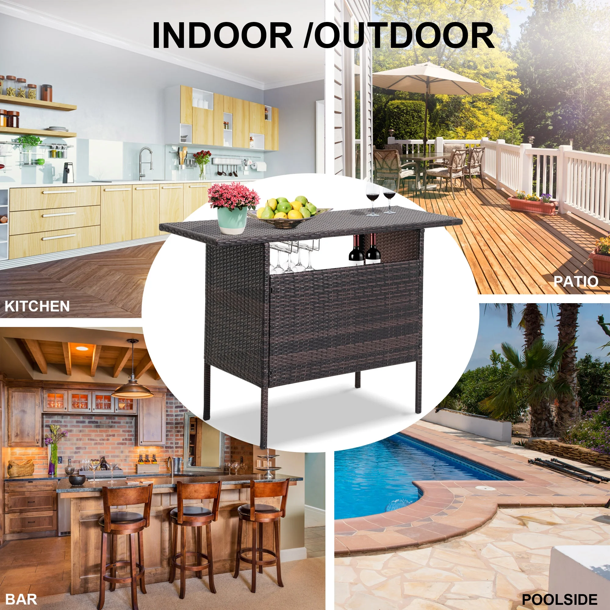 FHFO Outdoor Patio Wicker Bar, Rattan Counter Table with 2 Storage Shelves, 2 Steel Shelves for Backyard, Poolside, Garden