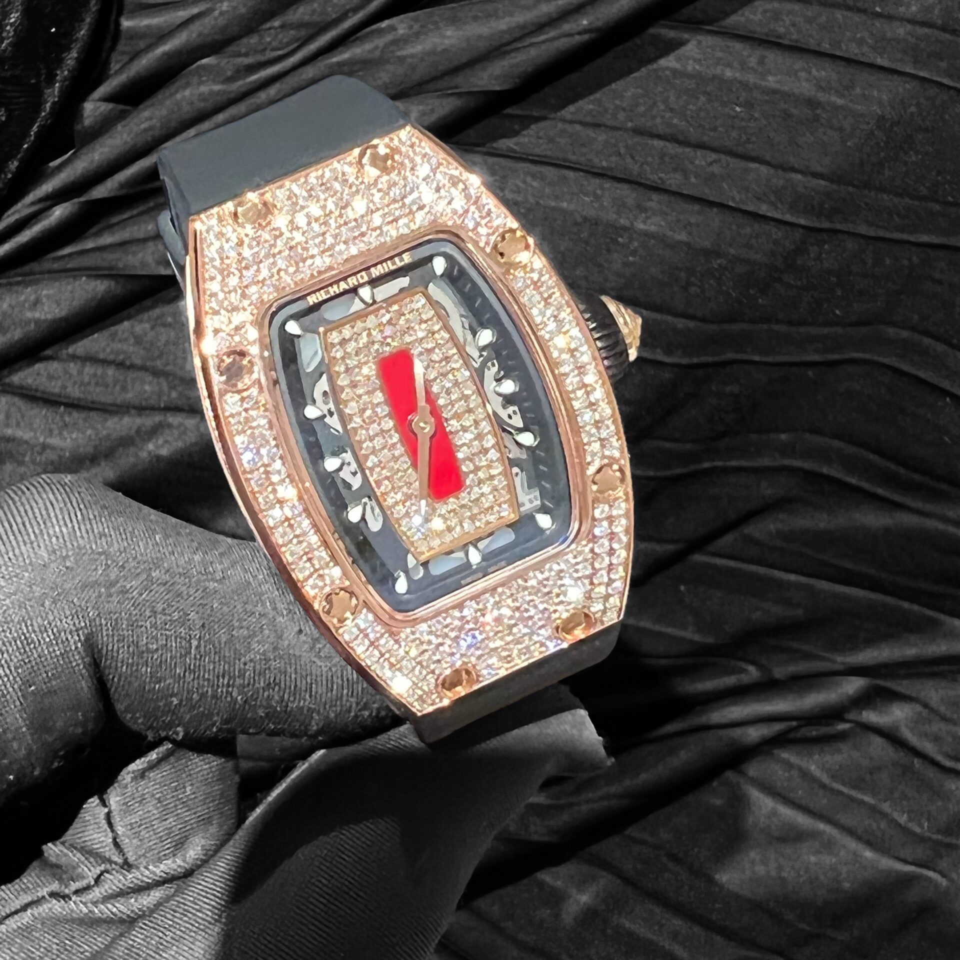 Richard Mille RM007 Replica Watch Rose Gold Wrapped With Full Natural Diamond 36mm - Top club