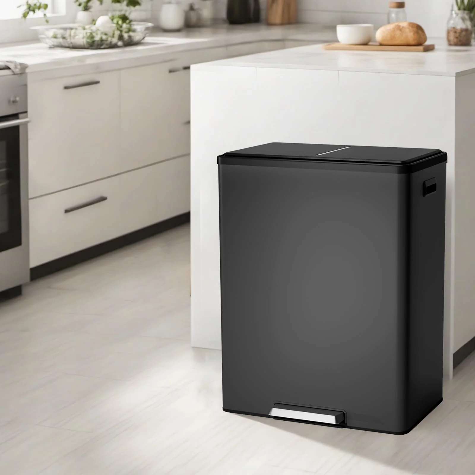 JoanKaren 16 Gallon Stainless Steel Dual Compartment Step Kitchen Trash Can with Lid & 2 Removable Wastebaskets,Kitchen Garbage Can & Recycling Bin,Black - Image 9
