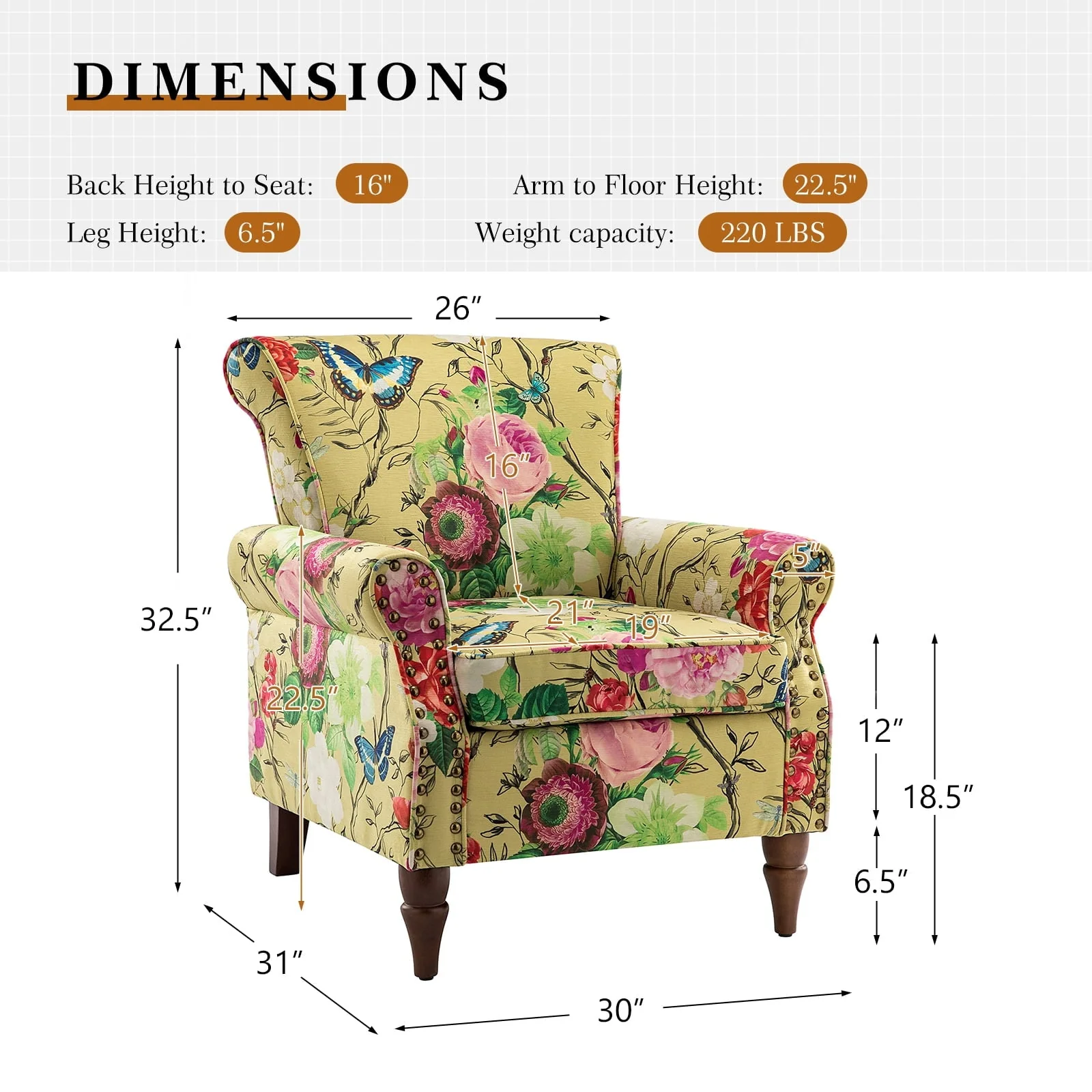 14 Karat Home Wingback Accent Chair Removable Cushion Floral Upholstered Sofa Armchair Couch Wood Legs Nailhead Trim Mustard - Image 3