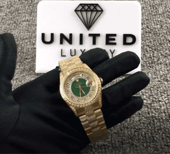 Rolex Datejust Yellow Gold Green Dial Iced out 118348 Replica - Elite Watch Atelier