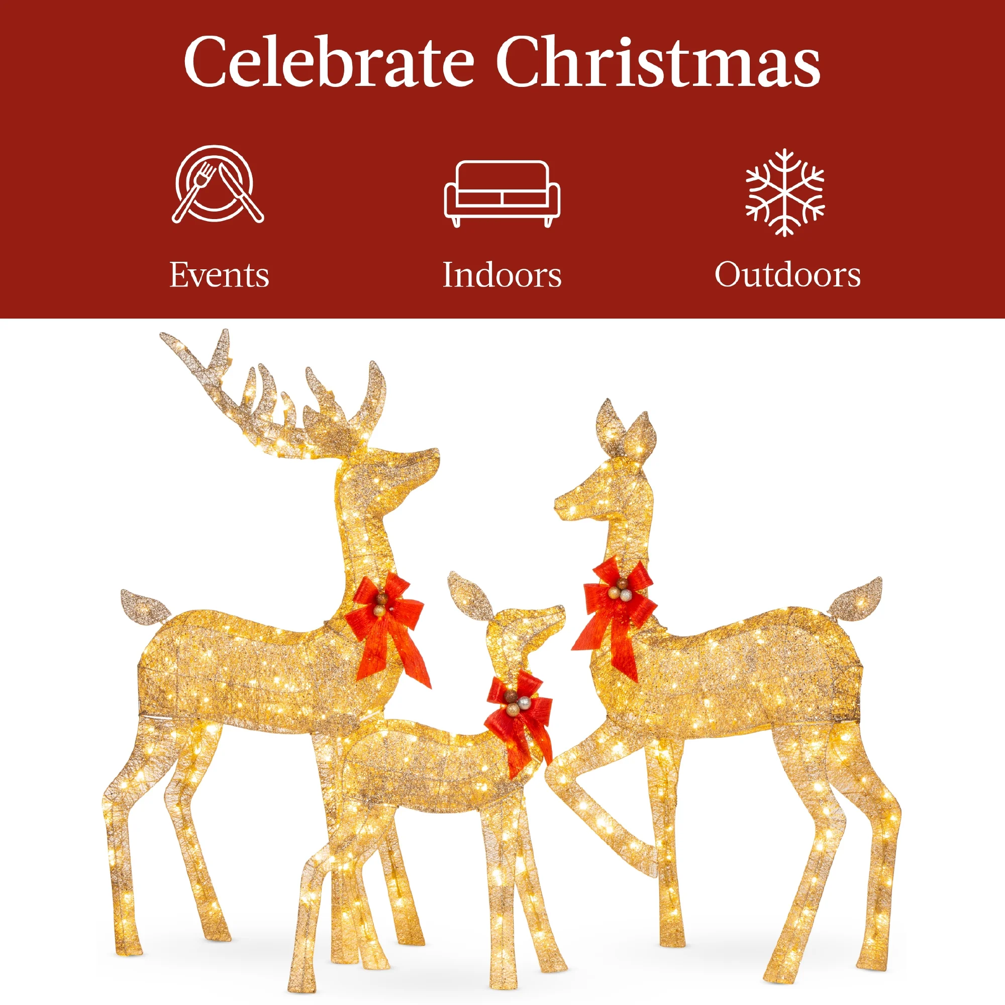 Best Choice Products 6.5ft 3-Piece Lighted Christmas Deer Set Outdoor Yard Decoration w/ 385 LED Lights, Stakes - Gold - Image 10