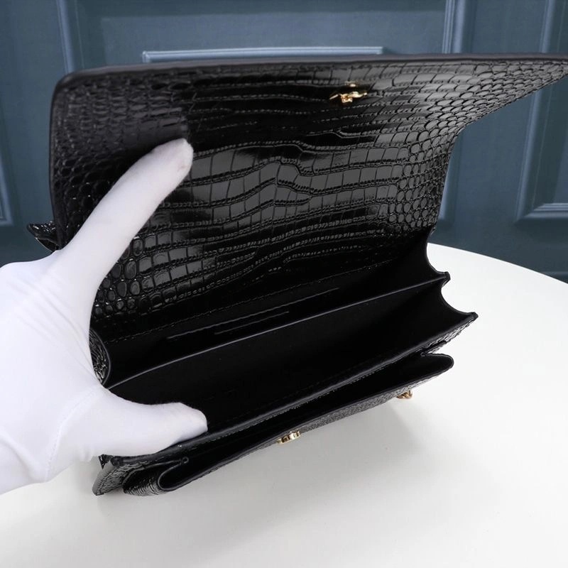 Saint Laurent Medium Sunset Chain Bag In Crocodile Embossed Leather Black Gold - 1:1High-quality replica