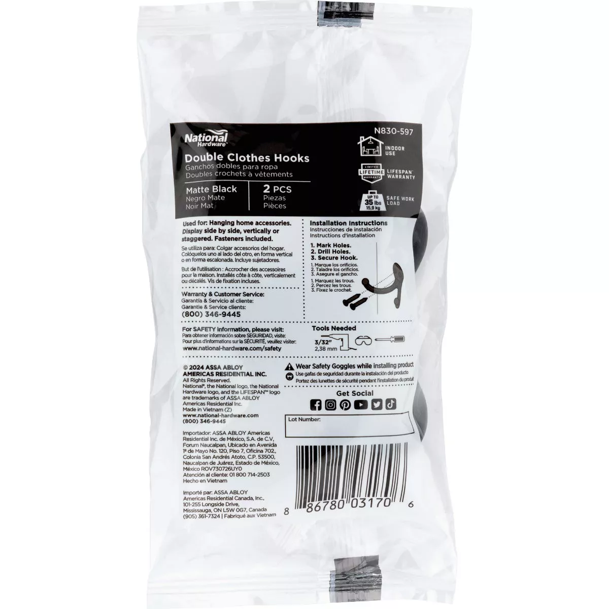 National Hardware Matte Black Double Clothes Hook (2-Pack Bagged)