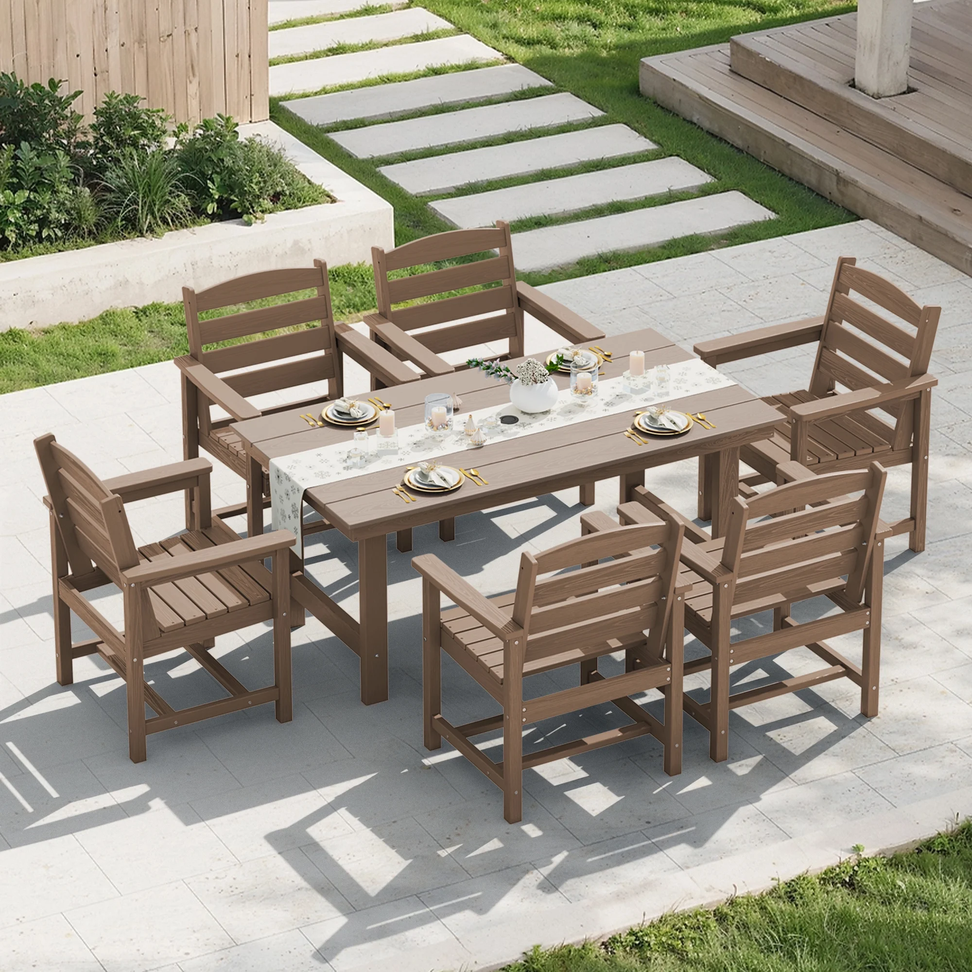 KINGYES 7-Piece Outdoor Dining Set, HDPE Patio Table and Chairs with Umbrella Hole, Gray - Image 32