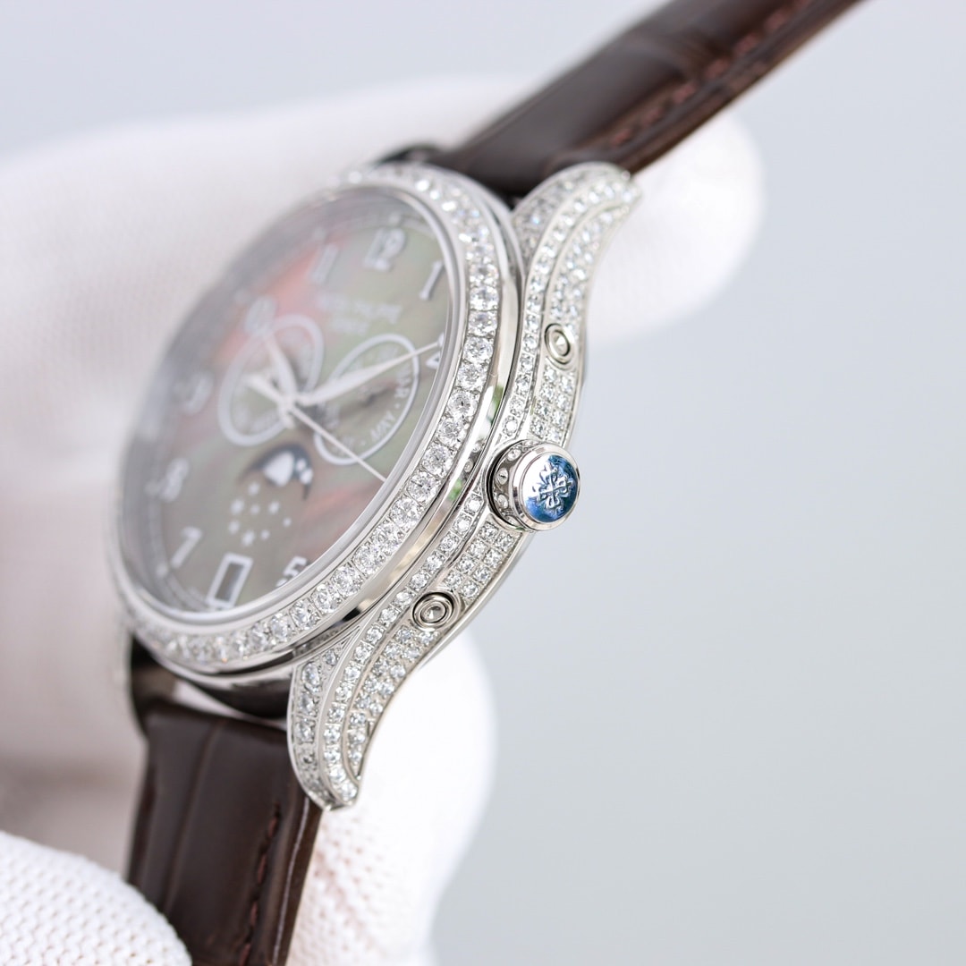 Fake Patek Philippe Replica Watch 4948G-001 Complications Ladies Annual Calendar Moon Phase 38mm Black Tahitian Mother of Pearl Arabic White Gold Diamond Set Leather(1:1 replica) - Top club