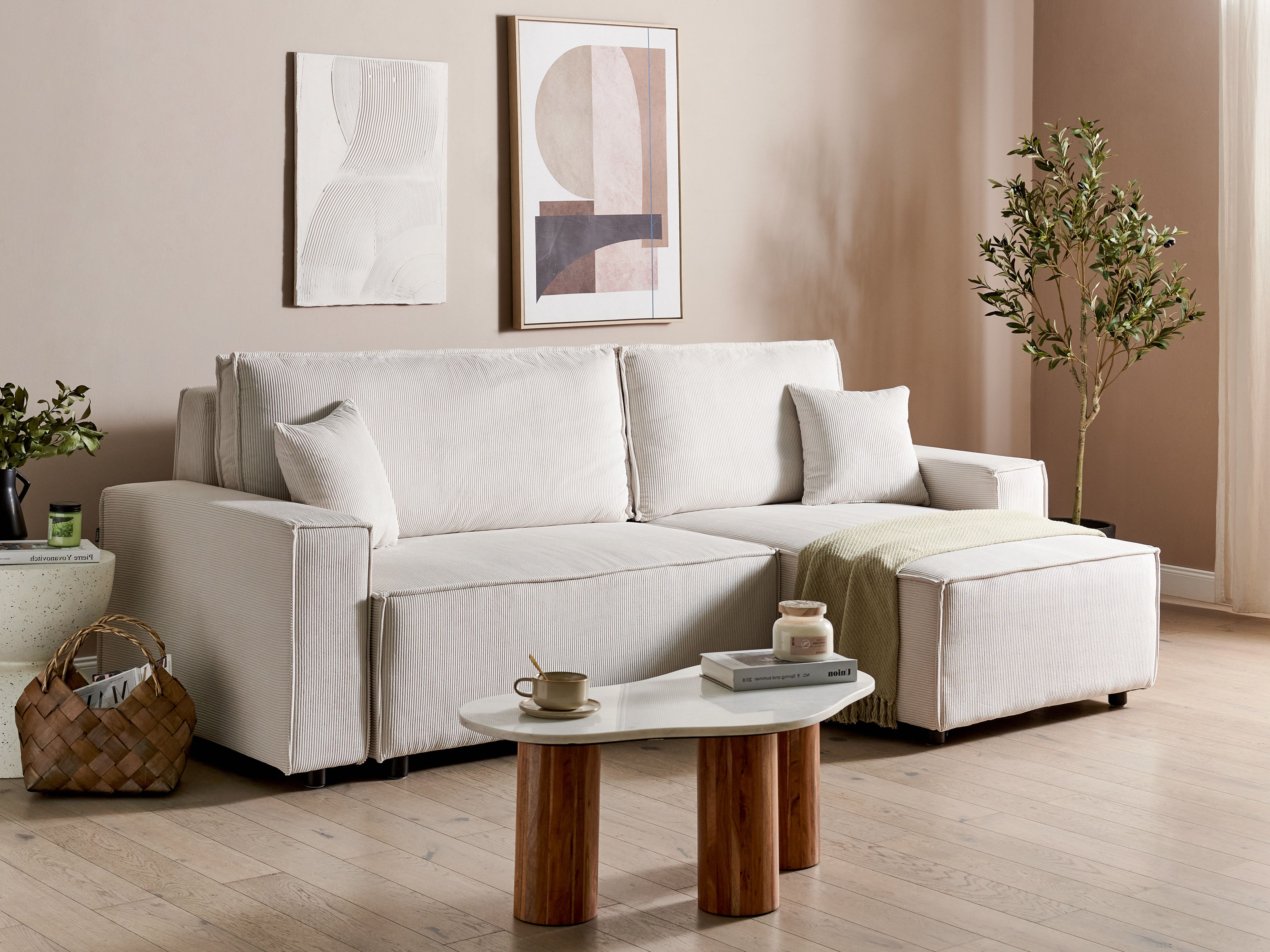 Corner Sofa Bed 3 Seater ABACKA Corduroy Off-White Left Hand