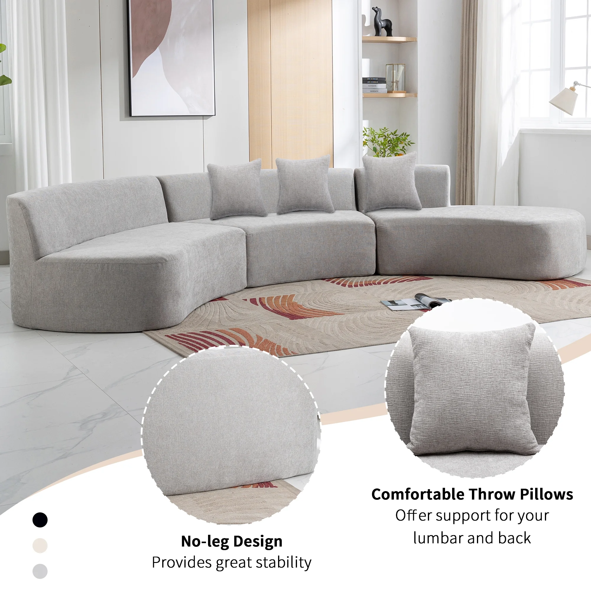 Harper & Bright Designs Modern Curved Floor Sofa Set, Modular Sectional Sponge Couch for Living Room, 2 PC Free Combination No Assembly Foam-Filled Sofa, Beige - Image 45