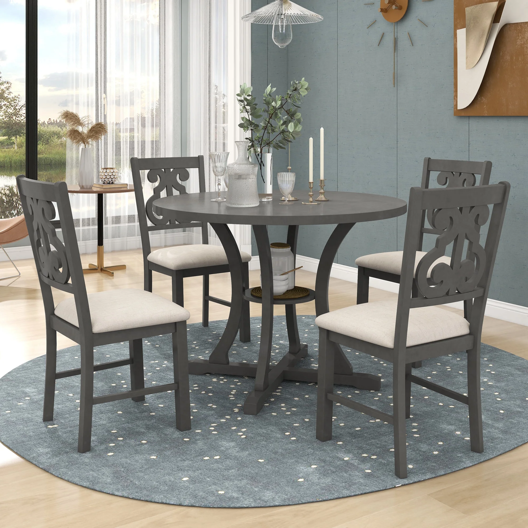 Harper & Bright Designs 5 Pieces Wooden Round Dining Table and Chair Set with Special-shaped Legs and an Exquisitely Designed Hollow Chair Back for Dining Room