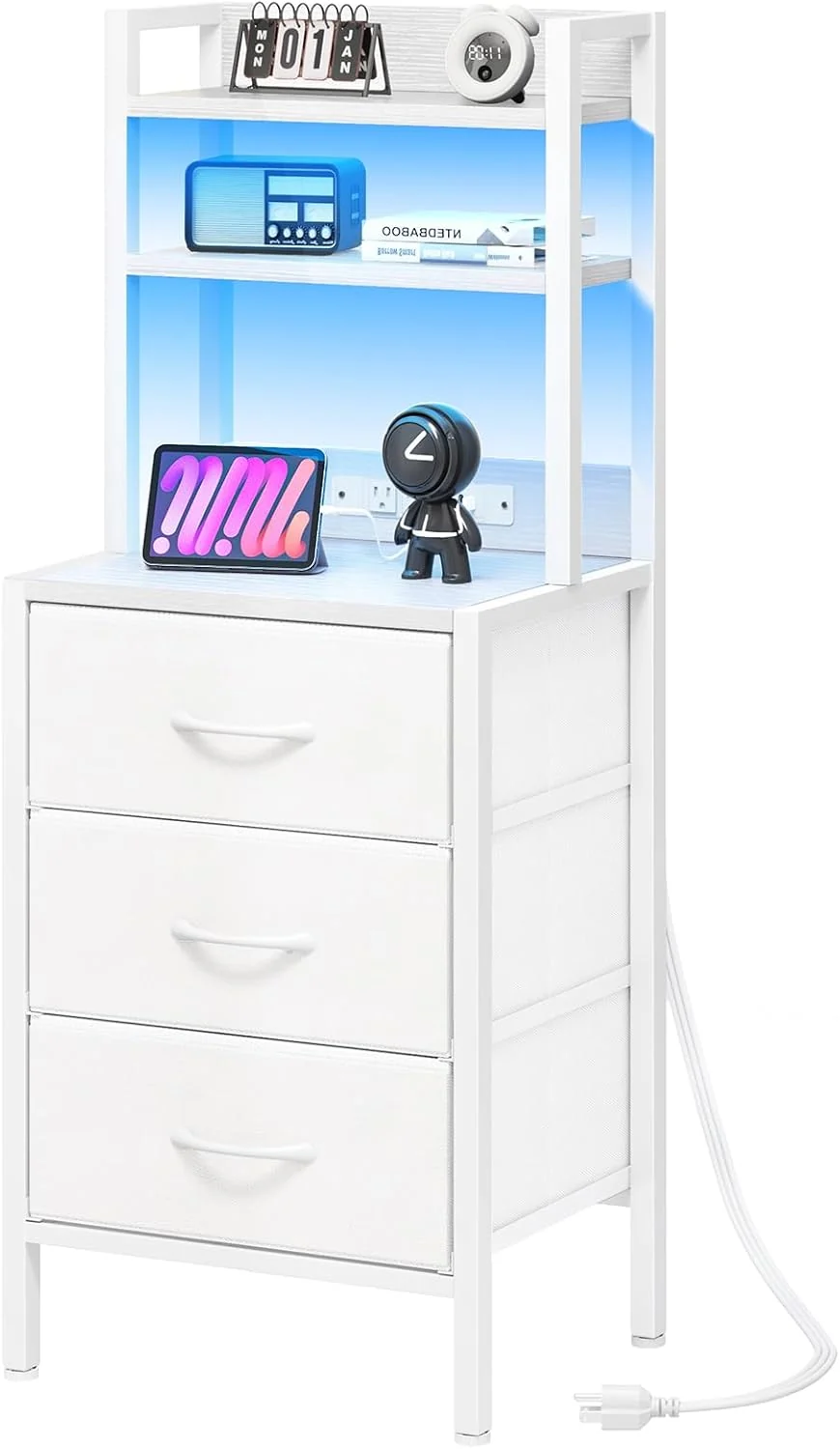 Tall White Nightstand with Charging Station, 3 Fabric Drawers, RGB LED & Bookshelf,White - Image 3 Tall White Nightstand with Charging Station, 3 Fabric Drawers, RGB LED & Bookshelf,White - Image 3