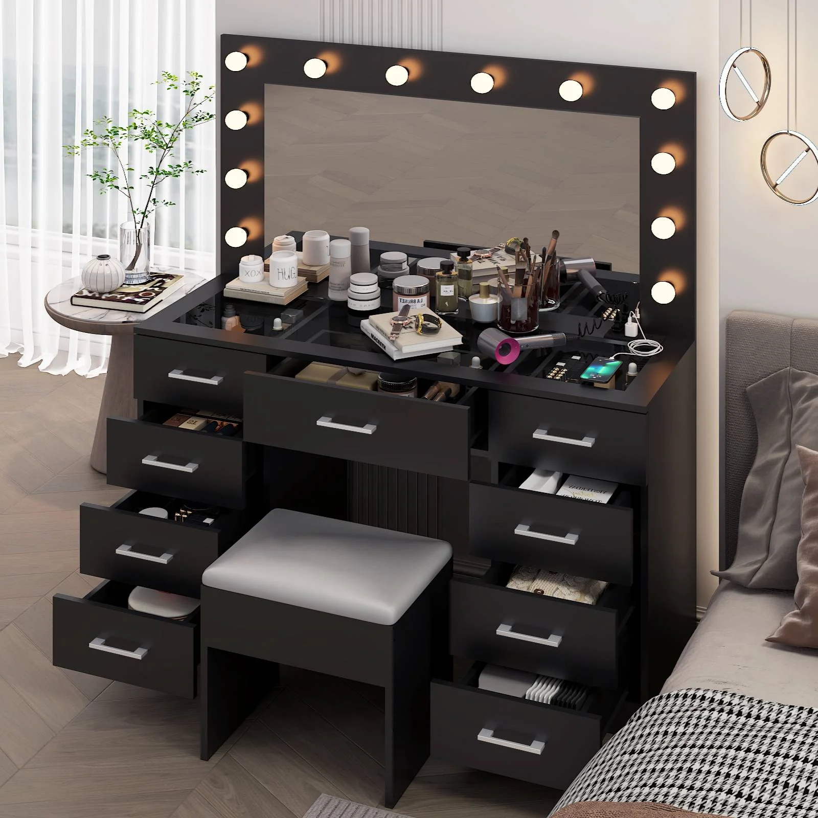 Ktaxon Large Makeup Vanity, Vanity Table Set w/ Visible Glass Top w/ Charging Station, White - Image 60