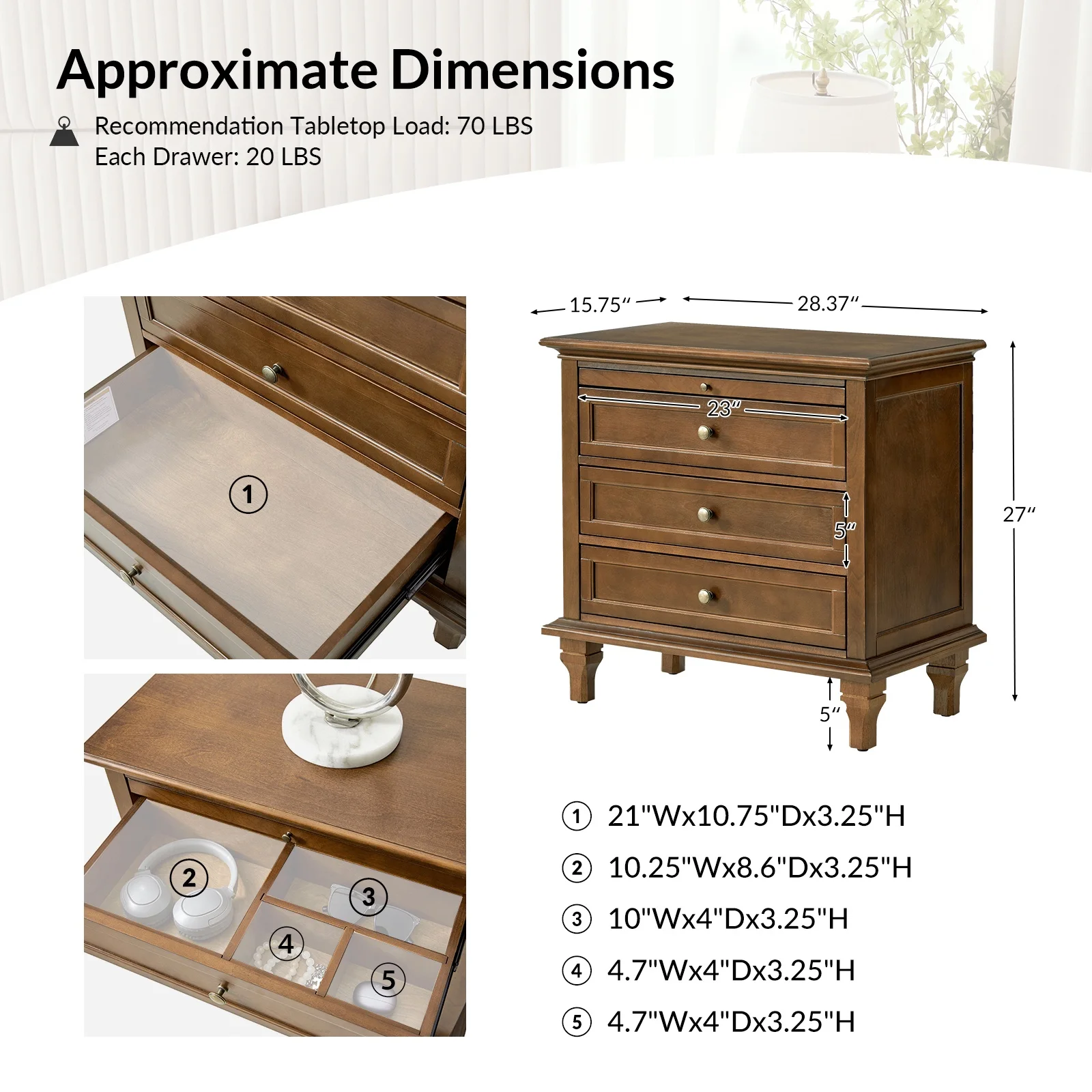Farmhouse 3 Drawers Nightstand with Tray Bedside Table with Charging Station Acorn - Image 31