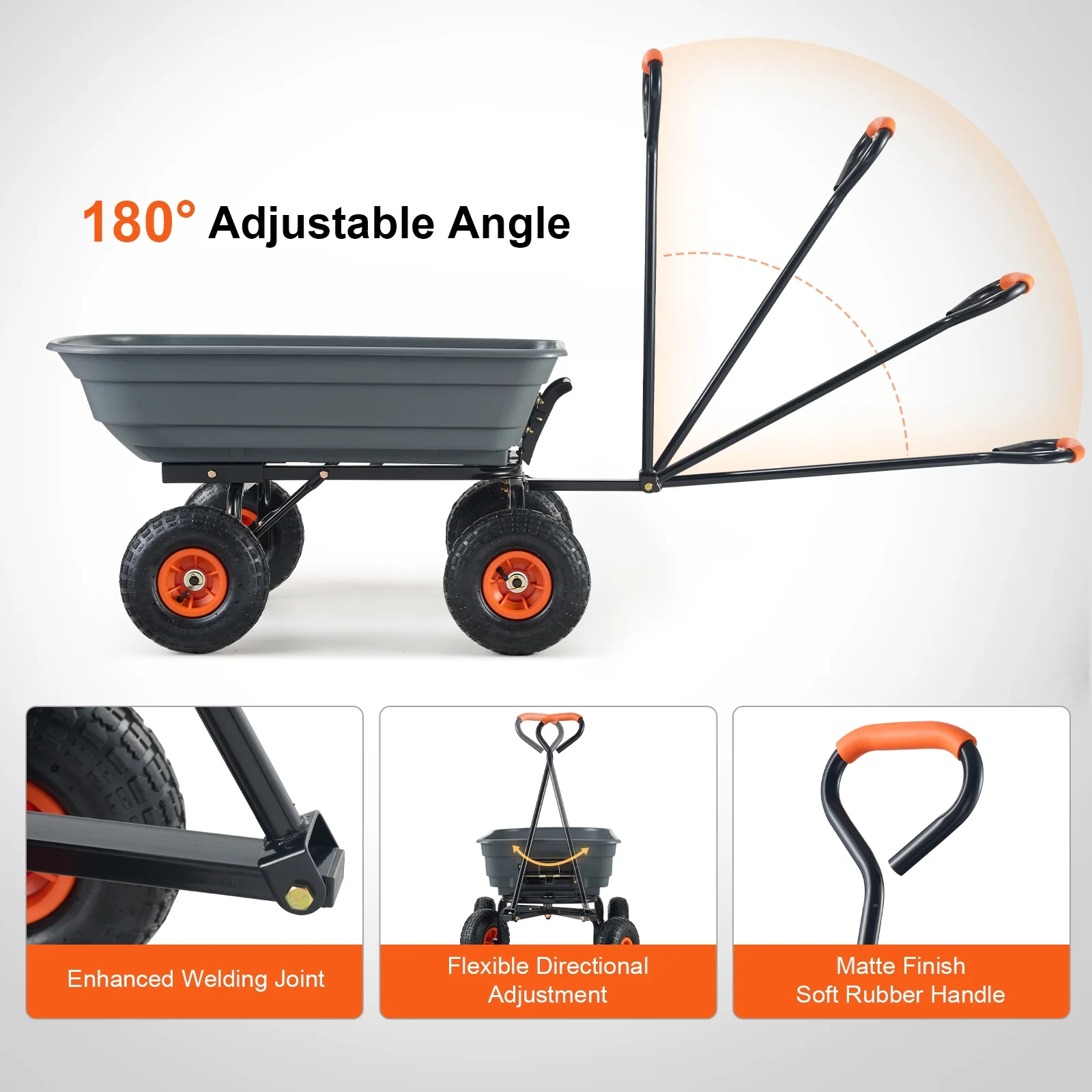 KFFKFF Garden Dump Cart, 35.8x19.5x8.2 in Dump Truck Cart, Max. 600lbs Load Capacity, 10in Rubber Tire, 180�� Adjustable Handle - Image 9