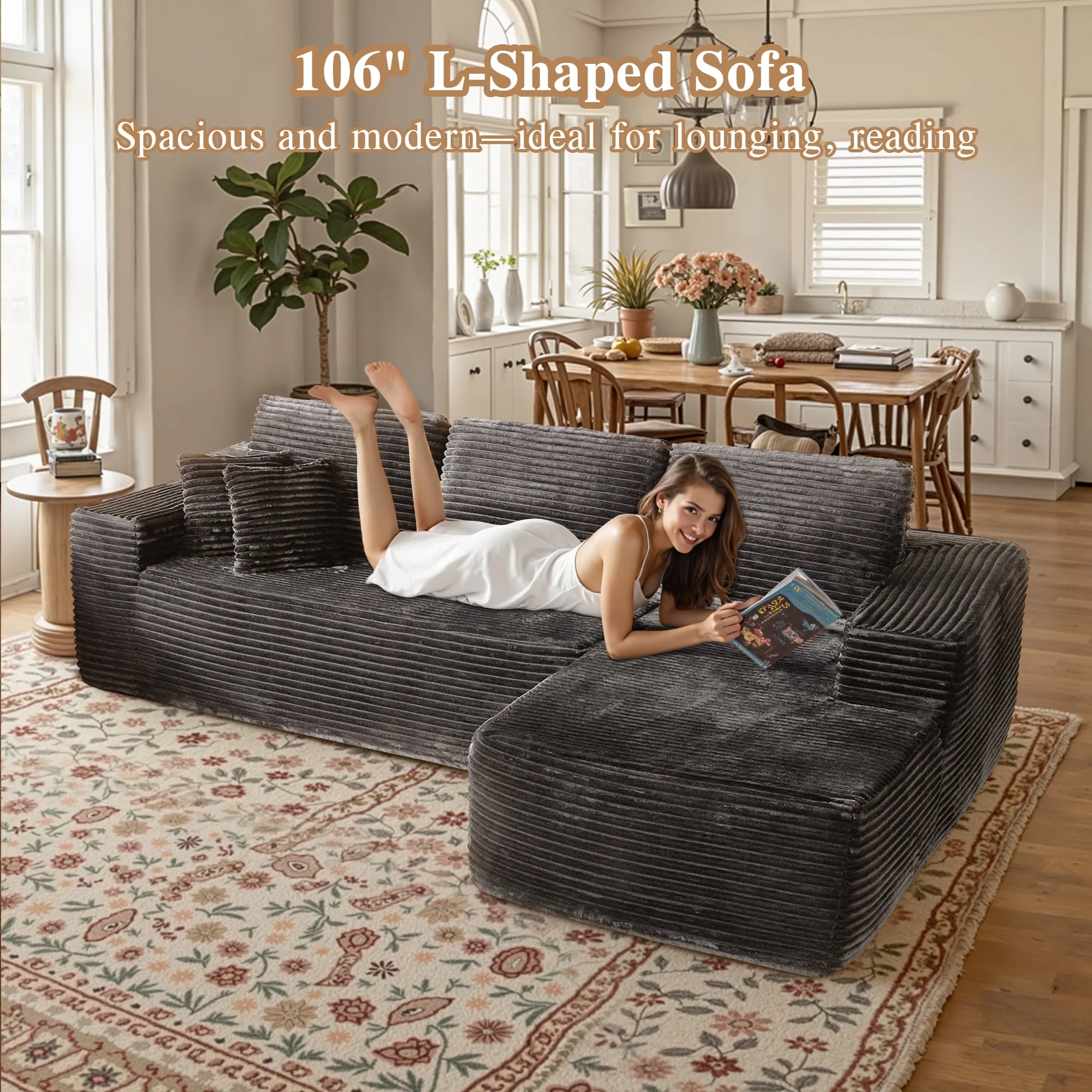 Ovios 106" L-Shaped Sectional Sofa Modern Modular Cloud Couch with Deep Seating Upholstered Sofa for Living Room Bedroom, No Assembly Required, Black(Corduroy) - Image 38