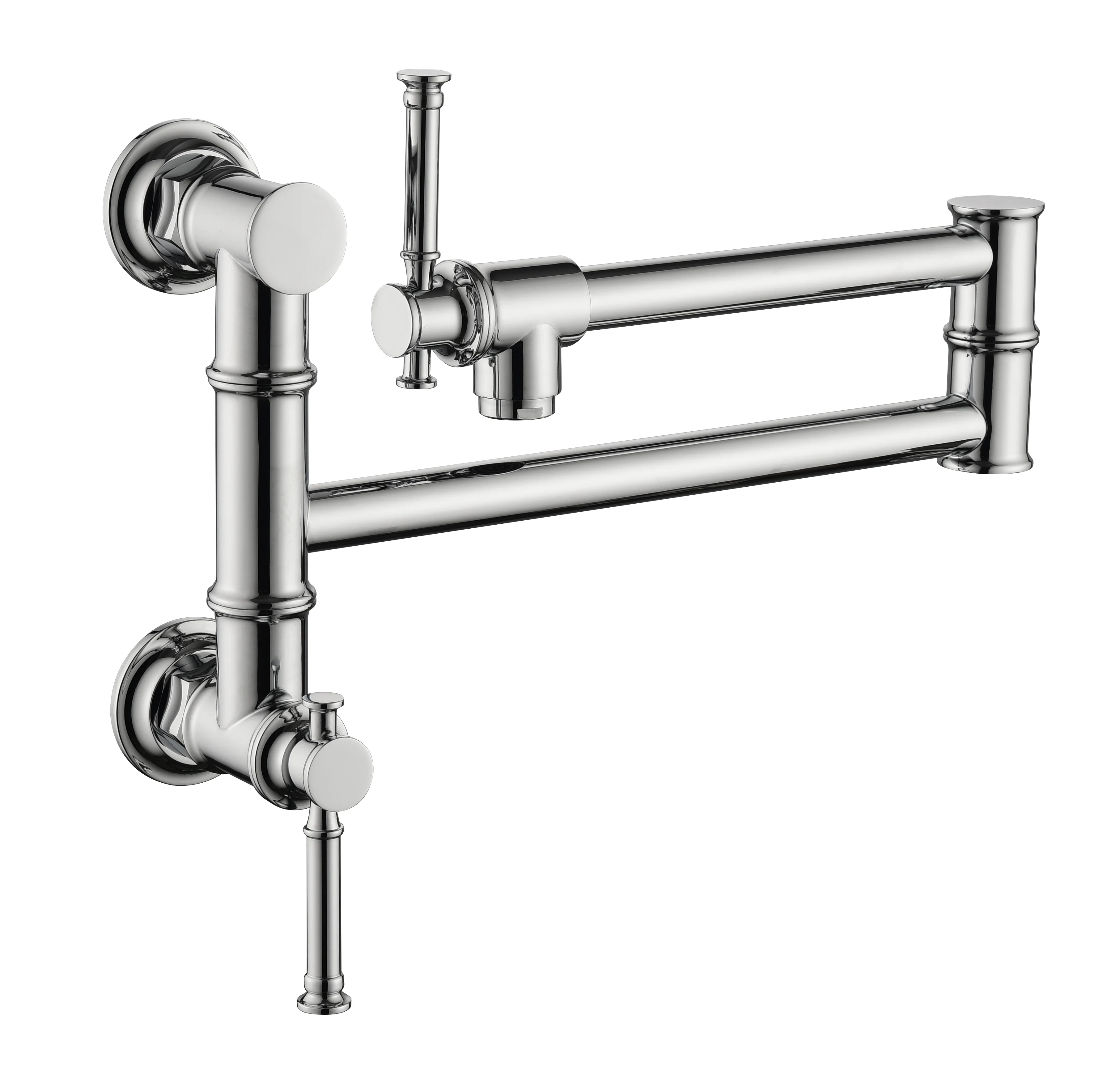 Izzovium Wall Mount Pot Filler Faucet, Modern Brass Swing Arm with Two-Attachment Design, Chrome Finish, 15.5in Length, 11.8in Width, 2in Height