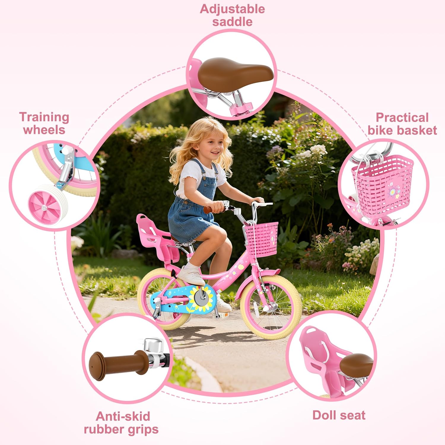 Glaf Toddler Girls Bike for Age 2-9 Years Old 12 14 16 Inch Girls Bike with Training Wheels and Doll Seat Kids Bike Bicycle with Basket Adjustable Seat