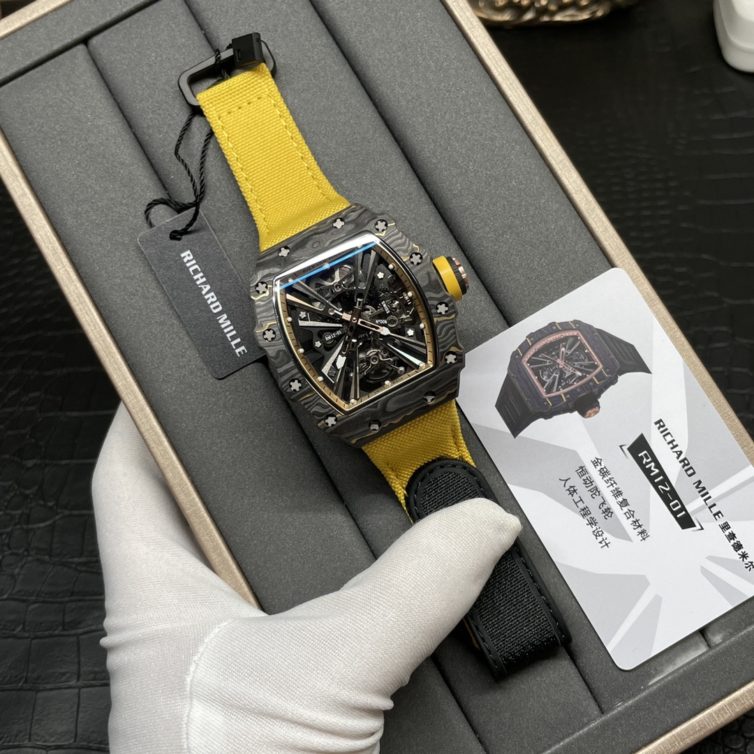 Swiss Replica Richard Mille RM 12-01 Tourbillon Watch �C Bold Yellow Fabric Strap, Carbon Fiber Barrel Case, Skeleton Dial - Top club