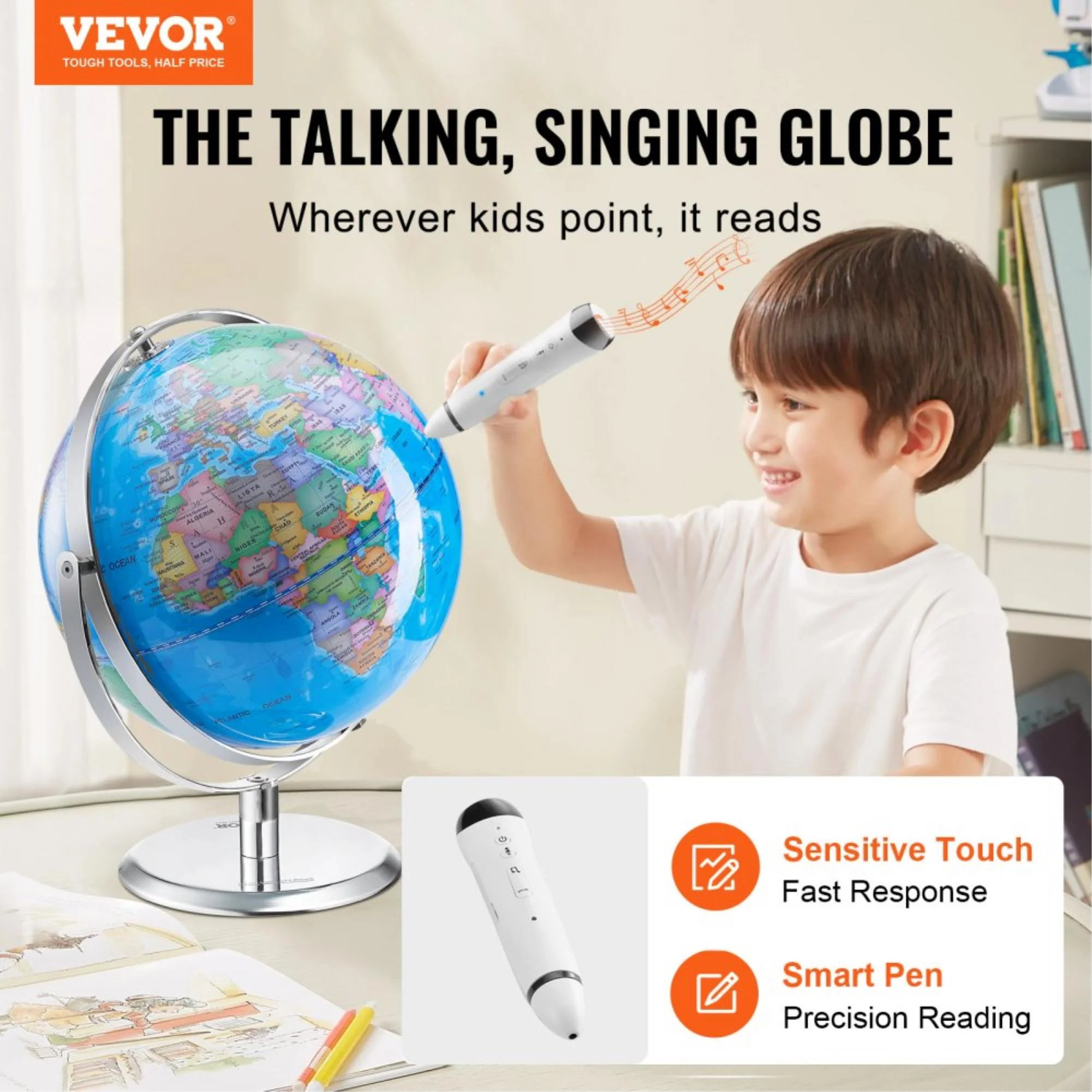 Interactive 9 Talking World Globe for Kids with Smart Talking Pen, Educational Learning Toy with LED Night Light, Perfect Gift for Boys & Girls