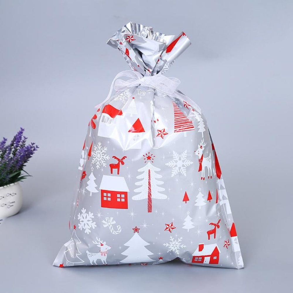 Herbruikbare Kerstcadeauzakjes van Aluminiumfolie – Milieuvriendelijk Inpakken in Diverse Maten met Zilverlint